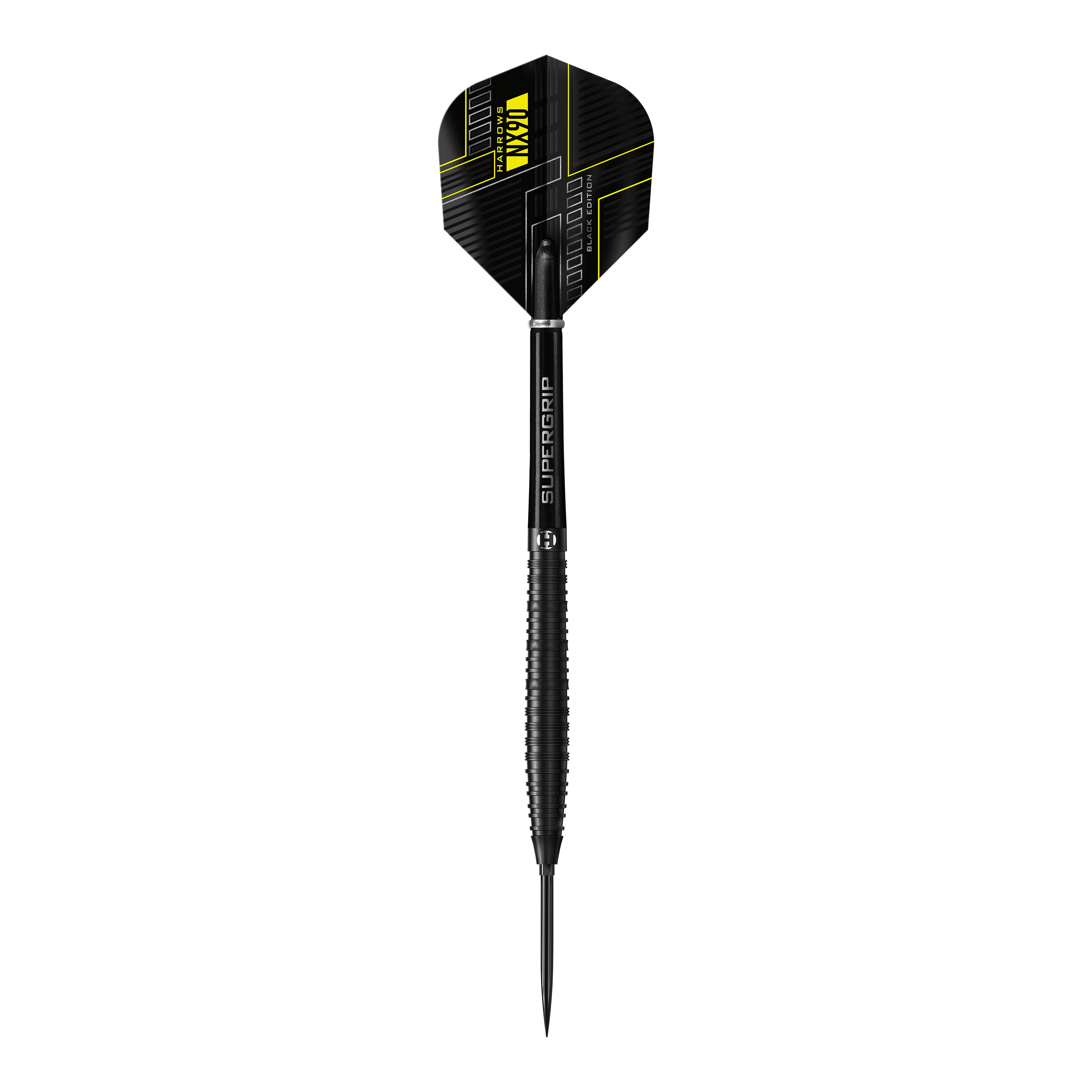 Das Bild zeigt die Harrows NX90 Black Edition Tapered Quick Point Steeldarts. Abgebildet ist das Produkt aus nächster Nähe.