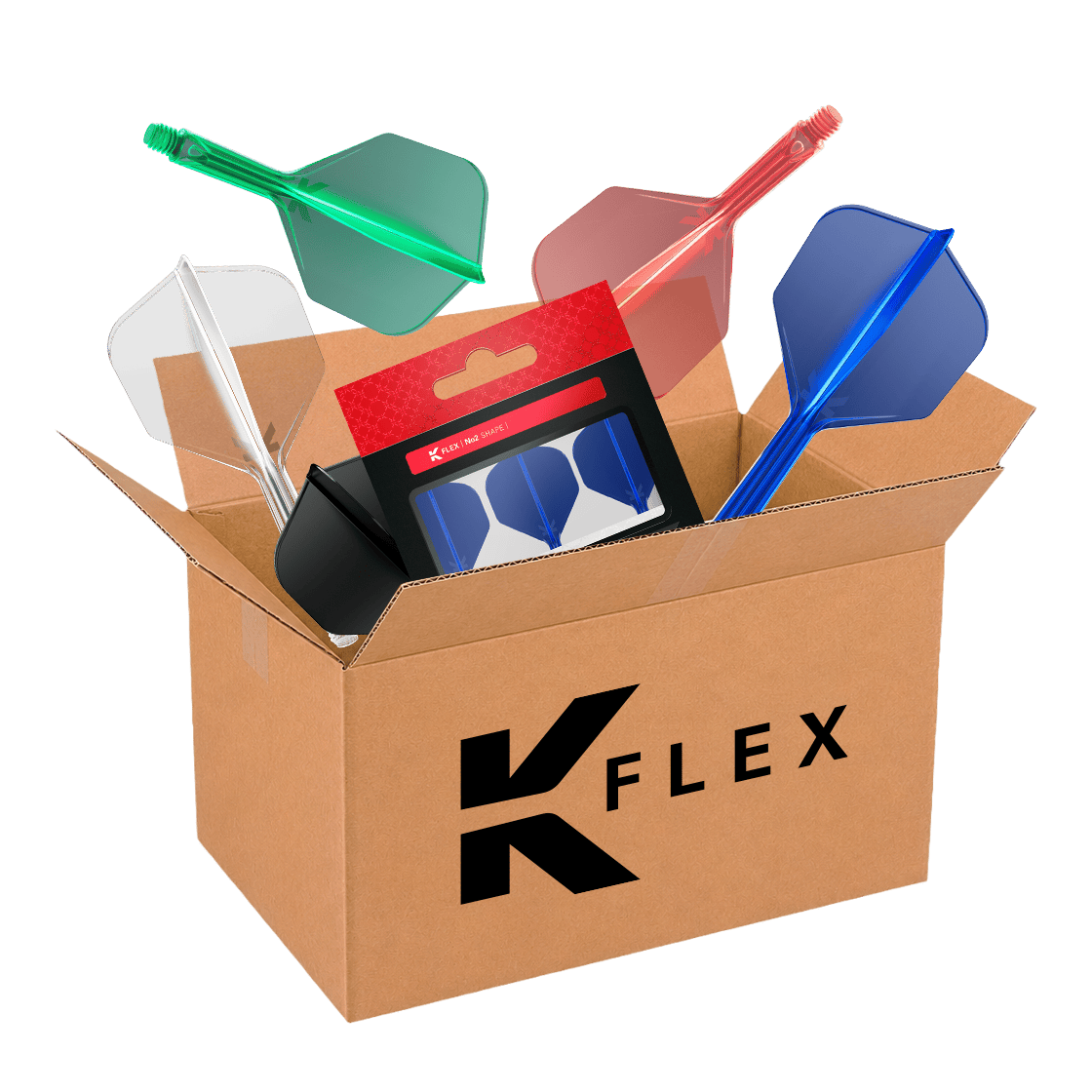 McDartova záhadná krabička - K-Flex Auf dem Bild ist die McDart Mystery-Box mit K-Flex-Zubehör zu sehen. Die Mystery-Box enthält verschiedene Überraschungsartikel für Dartspieler.