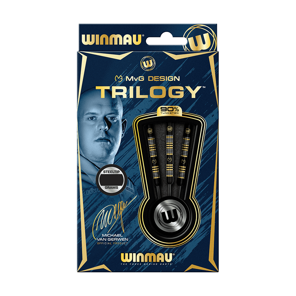 1481_Winmau_Michael_Van_Gerwen_Trilogy_Steeldarts_3 Die Abbildung zeigt die Verpackung der "Winmau Michael Van Gerwen Trilogy Steeldarts". In der Verpackung befinden sich drei Steeldarts mit einem eleganten schwarzen und goldenen Design.