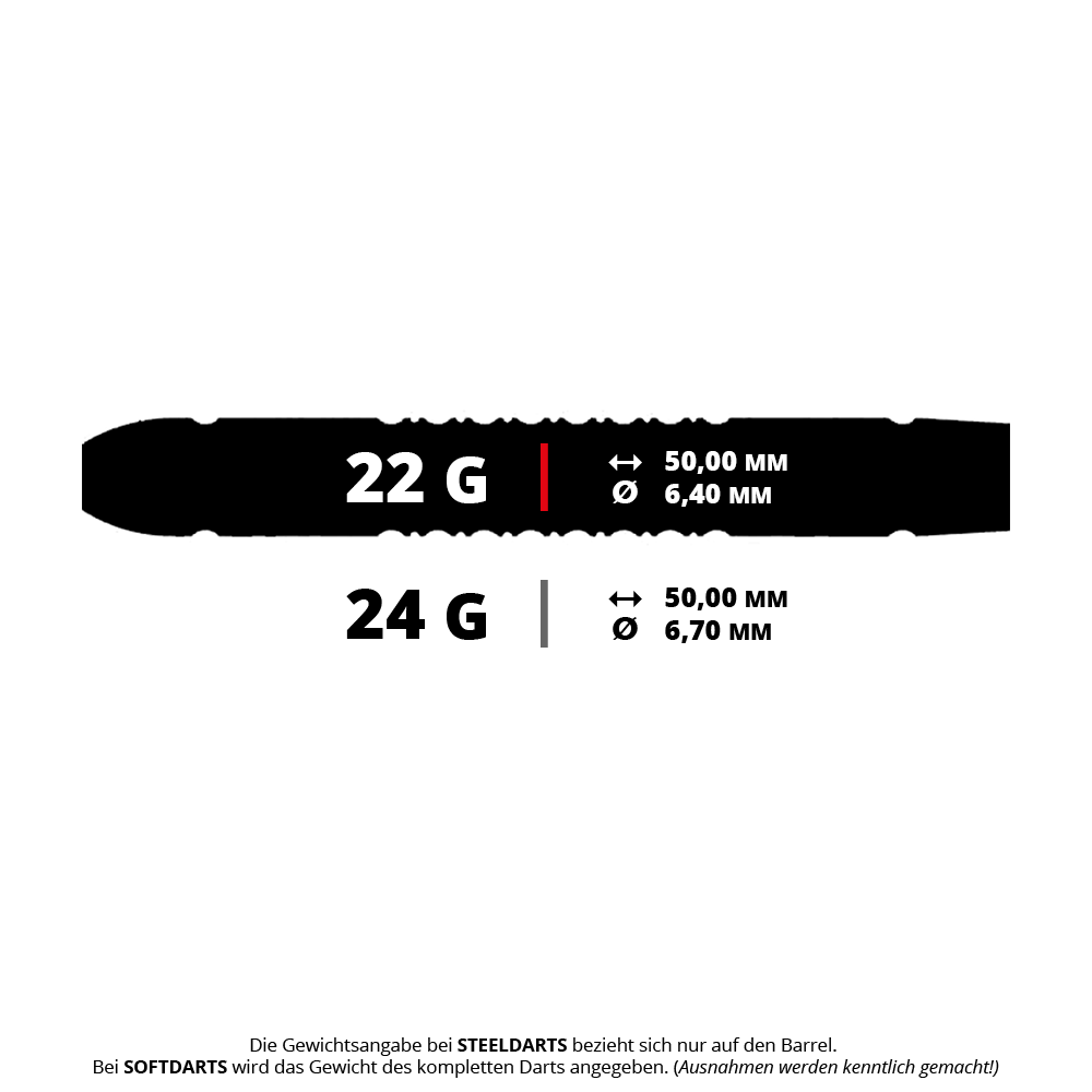 Ocelové šipky Caliburn Sword S2 Das Bild zeigt die technischen Daten von zwei Steeldarts mit 22 Gramm und 24 Gramm Gewicht. Beide Darts sind 50,00 mm lang, der Durchmesser beträgt 6,40 mm bzw. 6,70 mm.