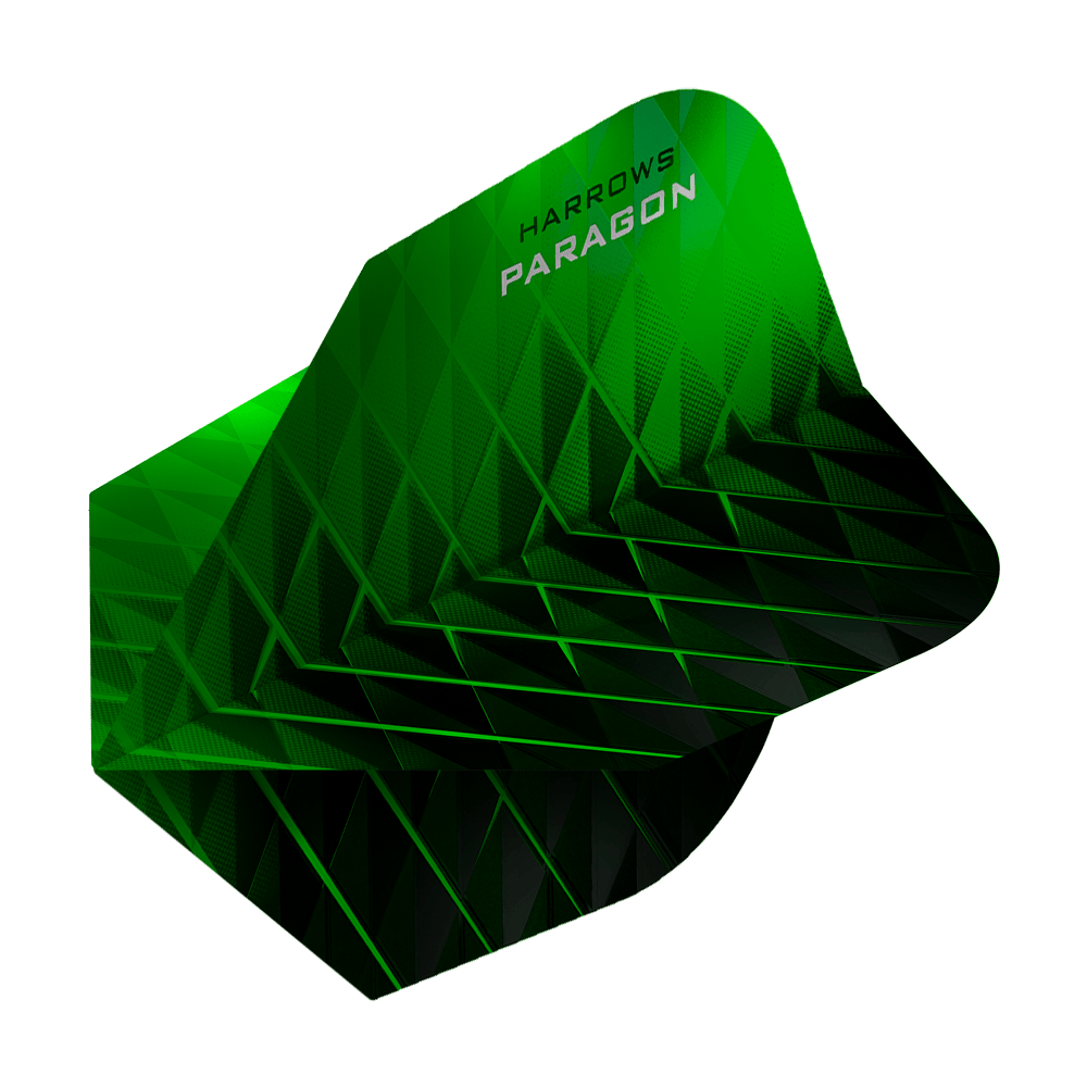 HR7600_Harrows_Paragon_Green_No2_Standard_Flights_3 Das Bild zeigt das Produkt "Harrows Paragon Green No2 Standard Flights". Es hat ein grünes, geometrisches Design und ist für Dartpfeile gedacht.