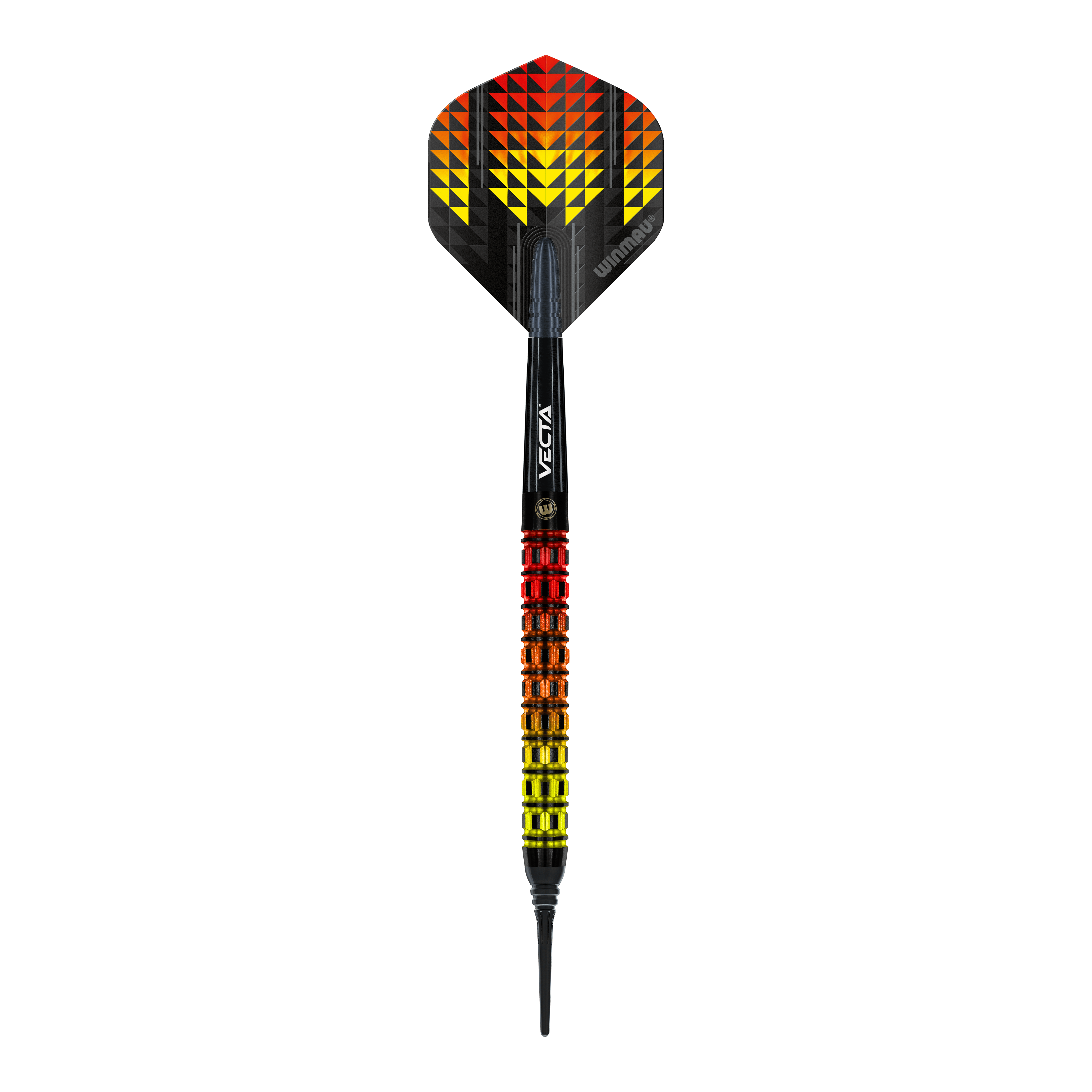 Šipky Winmau Firestorm Flame Parallel Softdarts - 20g Das Bild zeigt einen Winmau Firestorm Flame Parallel Softdart mit einem Gewicht von 20g. Der Dart hat ein auffälliges Design mit gelben, orangefarbenen und roten Flammenmustern.