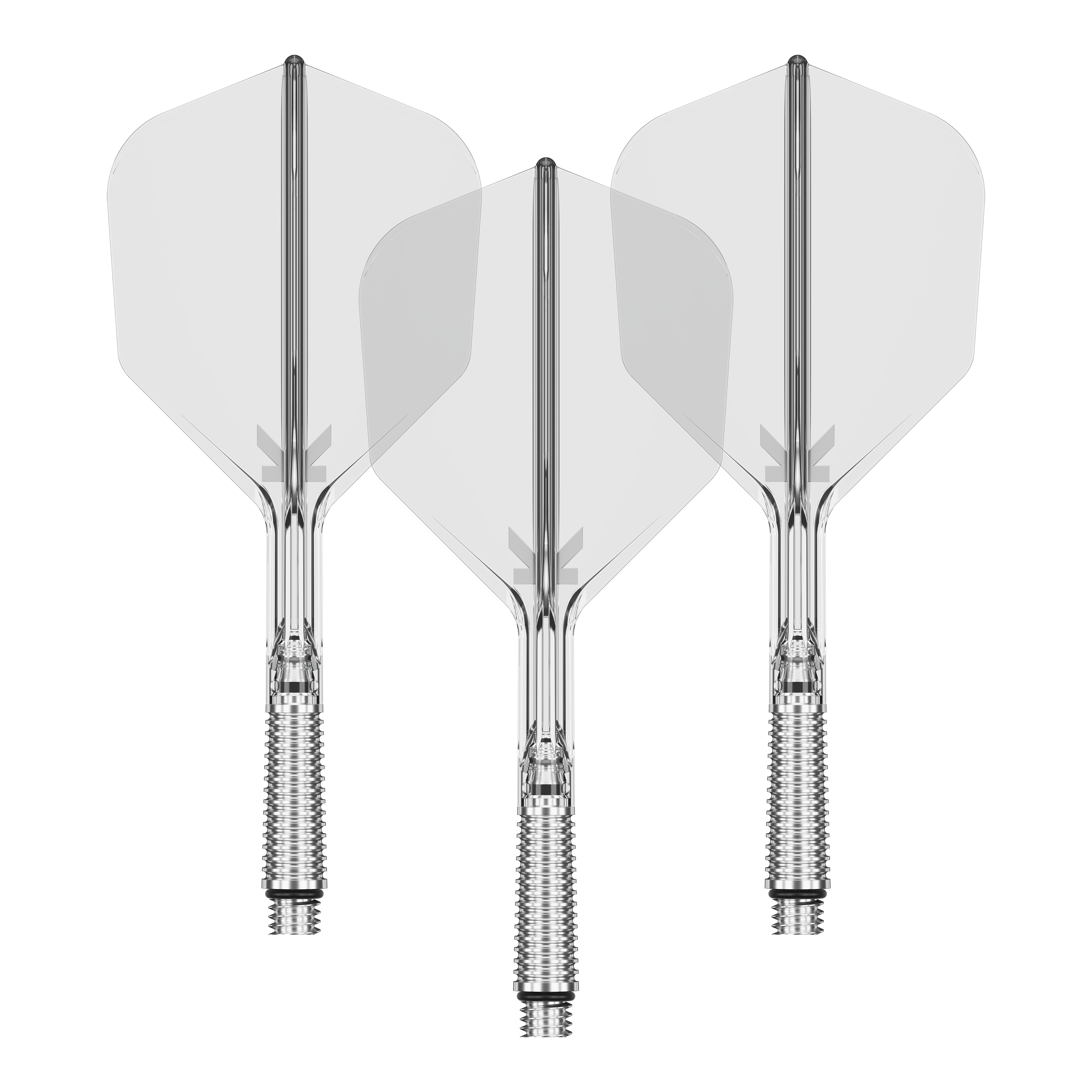 Das Bild zeigt ein Set transparenter Dart-Flights. Sie sind im No.6-Design und 33 mm lang.