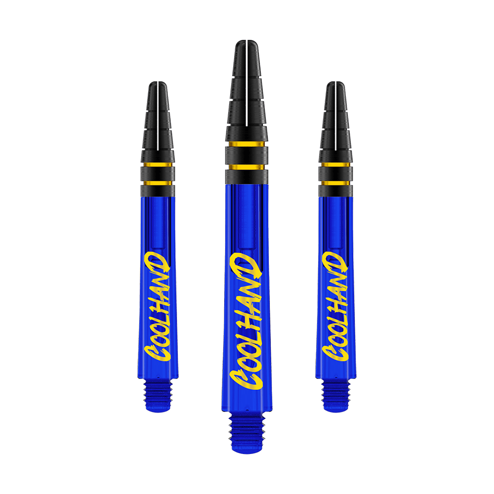 Red Dragon Nitrotech Luke Humphries Coolhand šachty - modré Das Bild zeigt drei blaue Dartschäfte mit der gelben Aufschrift "COOLHAND". Die Schäfte haben schwarze und goldene Ringe am oberen Ende.