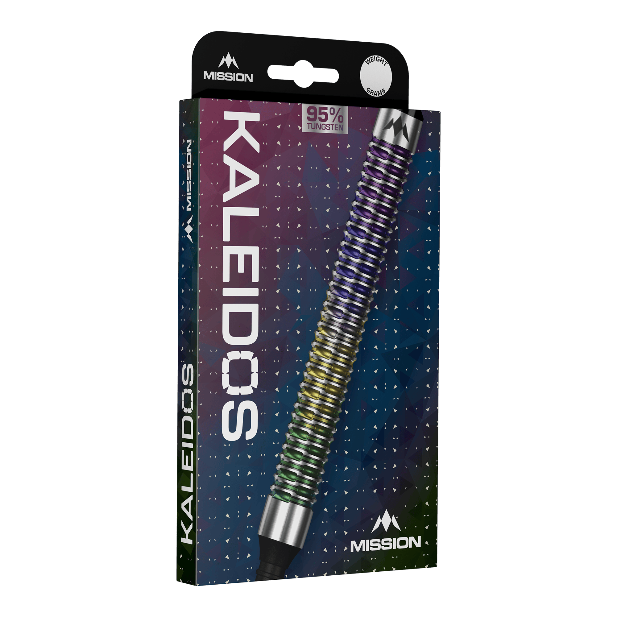 Mission Kaleidos Softdarts - 19g sind auf diesem Bild abgebildet. Diese Darts bieten eine gute Kontrolle beim Werfen.