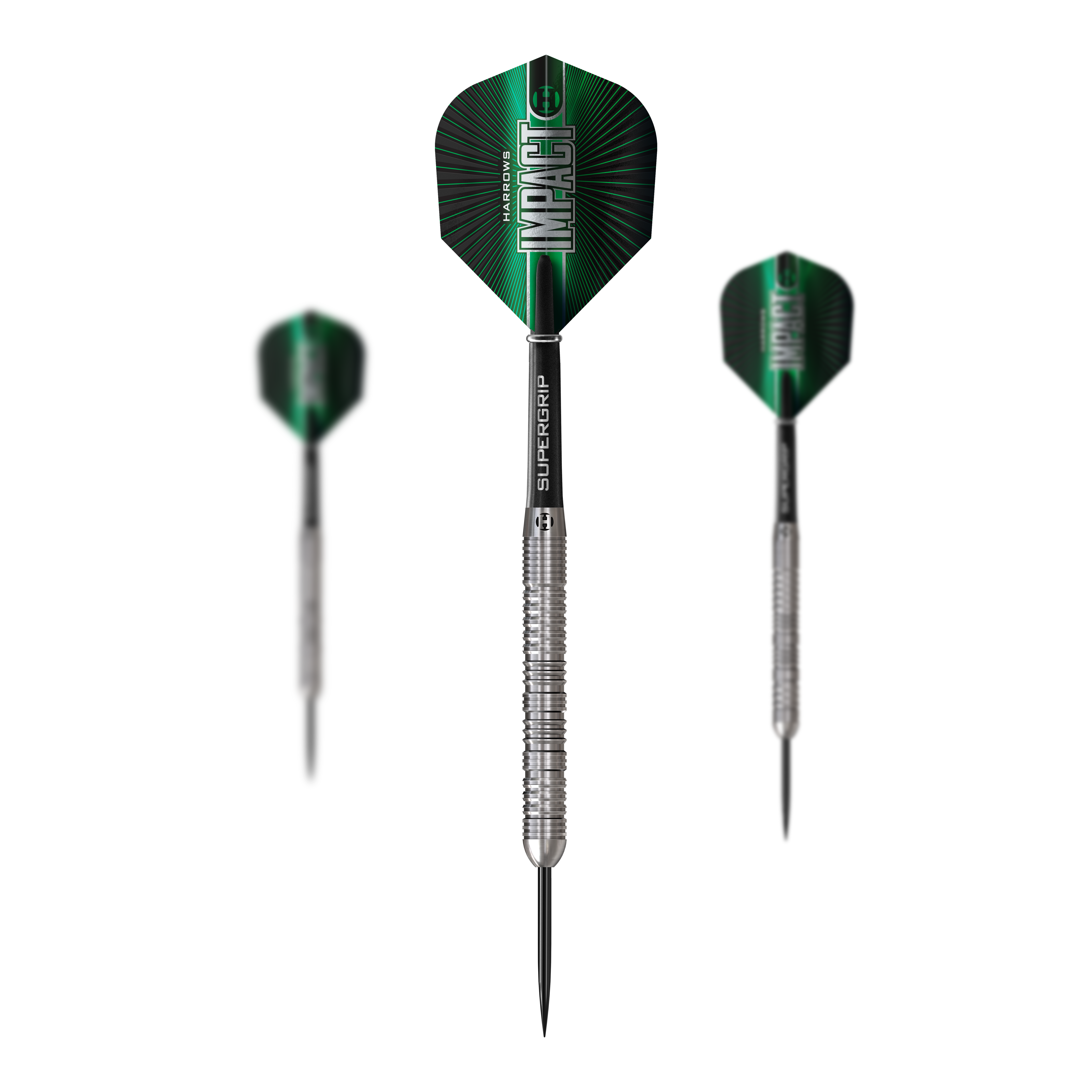 Dieses Bild präsentiert ein Set Harrows Impact Steeldarts. Das Set umfasst mehrere Darts für Steeldartspiele.