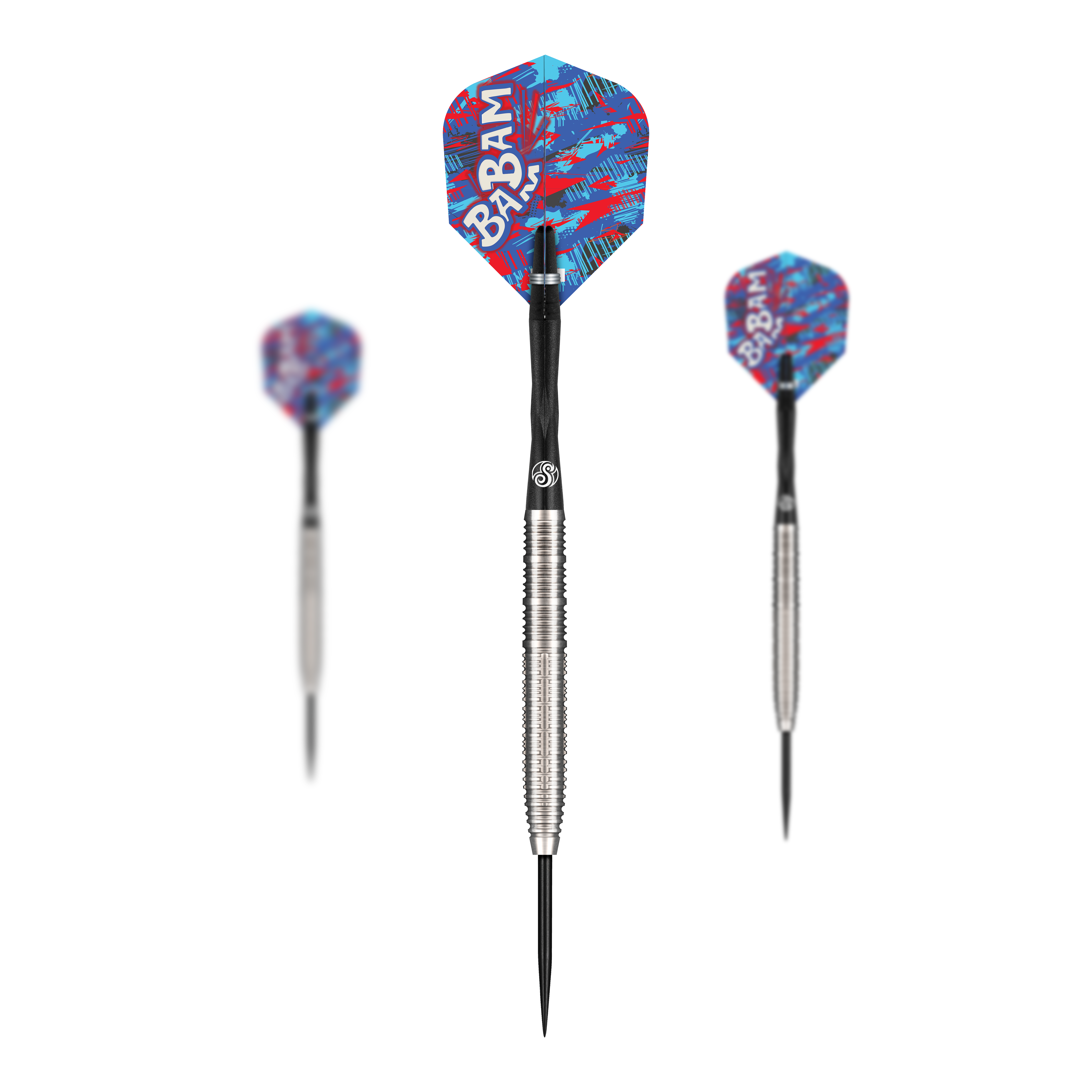 Das Bild zeigt drei Steeldarts aus der Shot Pro Series Bradley Brooks GEN2 mit einem Gewicht von 23g. Die Flights sind bunt gestaltet und tragen die Aufschrift "BABAM".