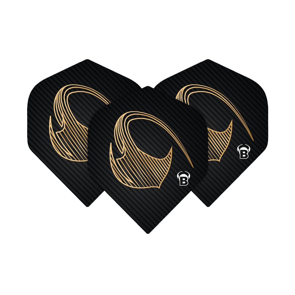 Standardní lety Bulls Metrixx Stingray No2 Das Bild zeigt drei schwarze Dart-Flights mit einem goldenen Muster und dem Buchstaben "B" in der Ecke. Es handelt sich um die Bulls Metrixx Stingray No2 Standard Flights.