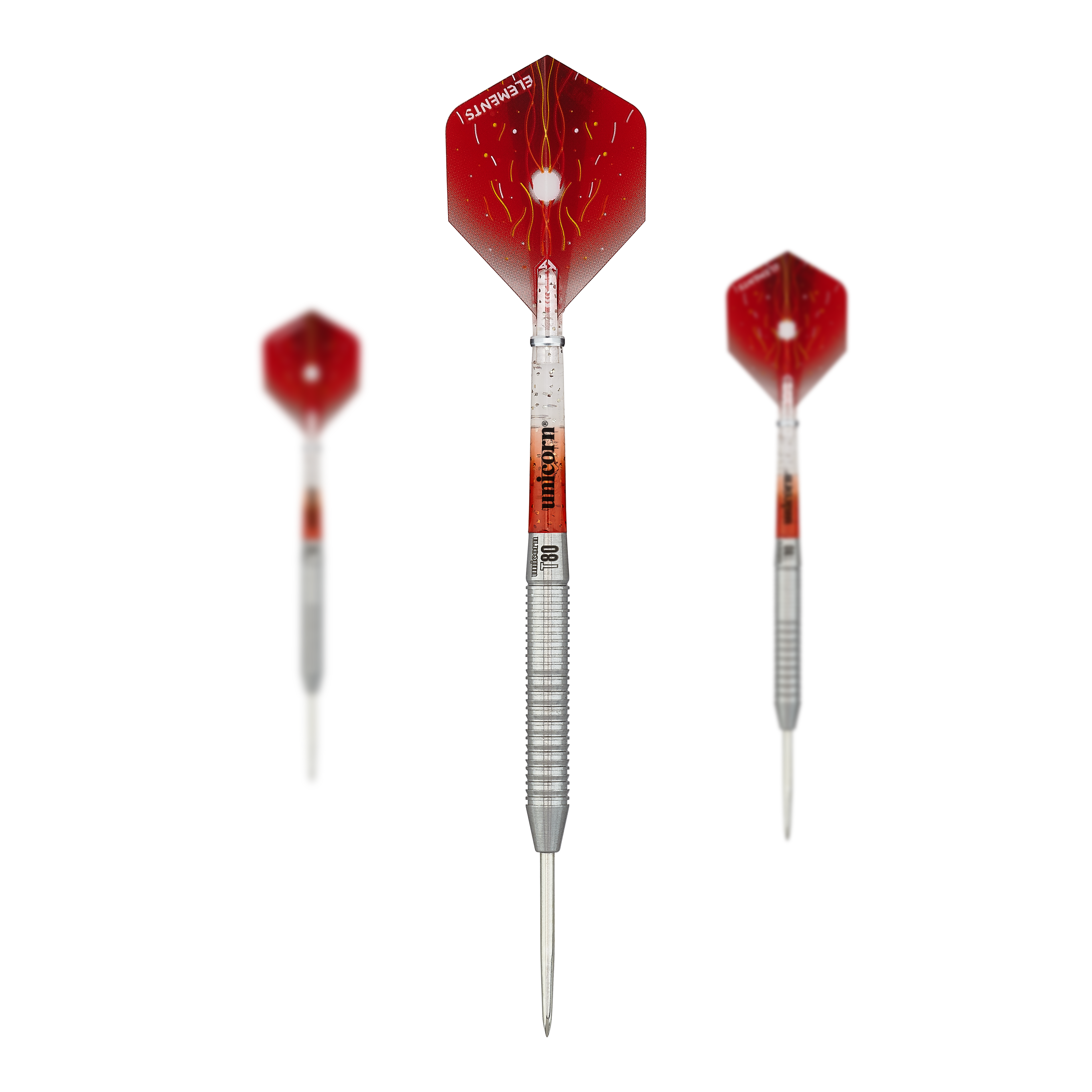 Steeldarts Unicorn Core XL Striker Style 1 - 22g Das Bild zeigt drei Steeldarts des Produkts "Unicorn Core XL Striker Style 1" mit einem Gewicht von 22g. Die Darts haben silberne Spitzen und Schäfte sowie rote Flights mit einem auffälligen Muster.