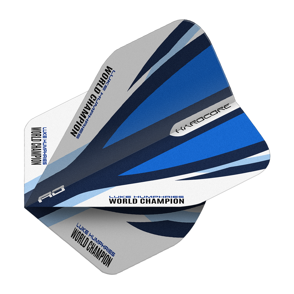 Red Dragon Hardcore Luke Humphries Modrá Bílá Standardní lety Das Bild zeigt die Red Dragon Hardcore Luke Humphries Blue White Standard Flights. Die Dartflights haben ein blau-weißes Design und den Aufdruck "Luke Humphries World Champion".
