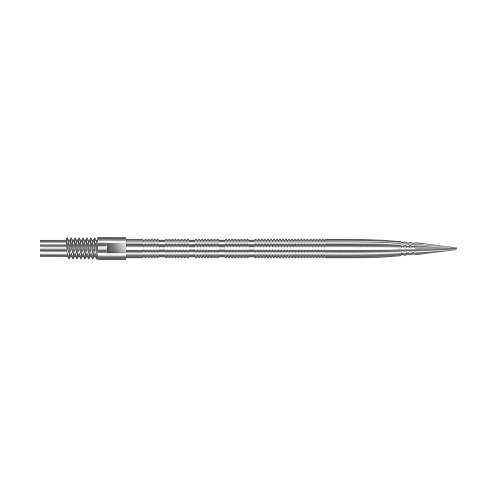 Špičky na šipky Harrows Quick Point Micro Ridge - stříbrné Abgebildet sind silberne Harrows Quick Point MicroRidge Dartspitzen mit einer Länge von 40 mm. Die Spitzen liegen nebeneinander auf dem Bild.