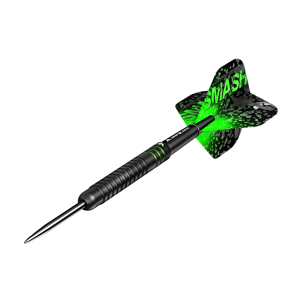 M001325_Mission_Martin_Lukeman_Black_Titanium_Steeldarts_4 Das Bild zeigt einen schwarzen Steeldart mit grünen Akzenten und der Aufschrift „SMASH“ auf den Flights. Es handelt sich um das Produkt „Mission Martin Lukeman Black Titanium Steeldarts - 25g“.