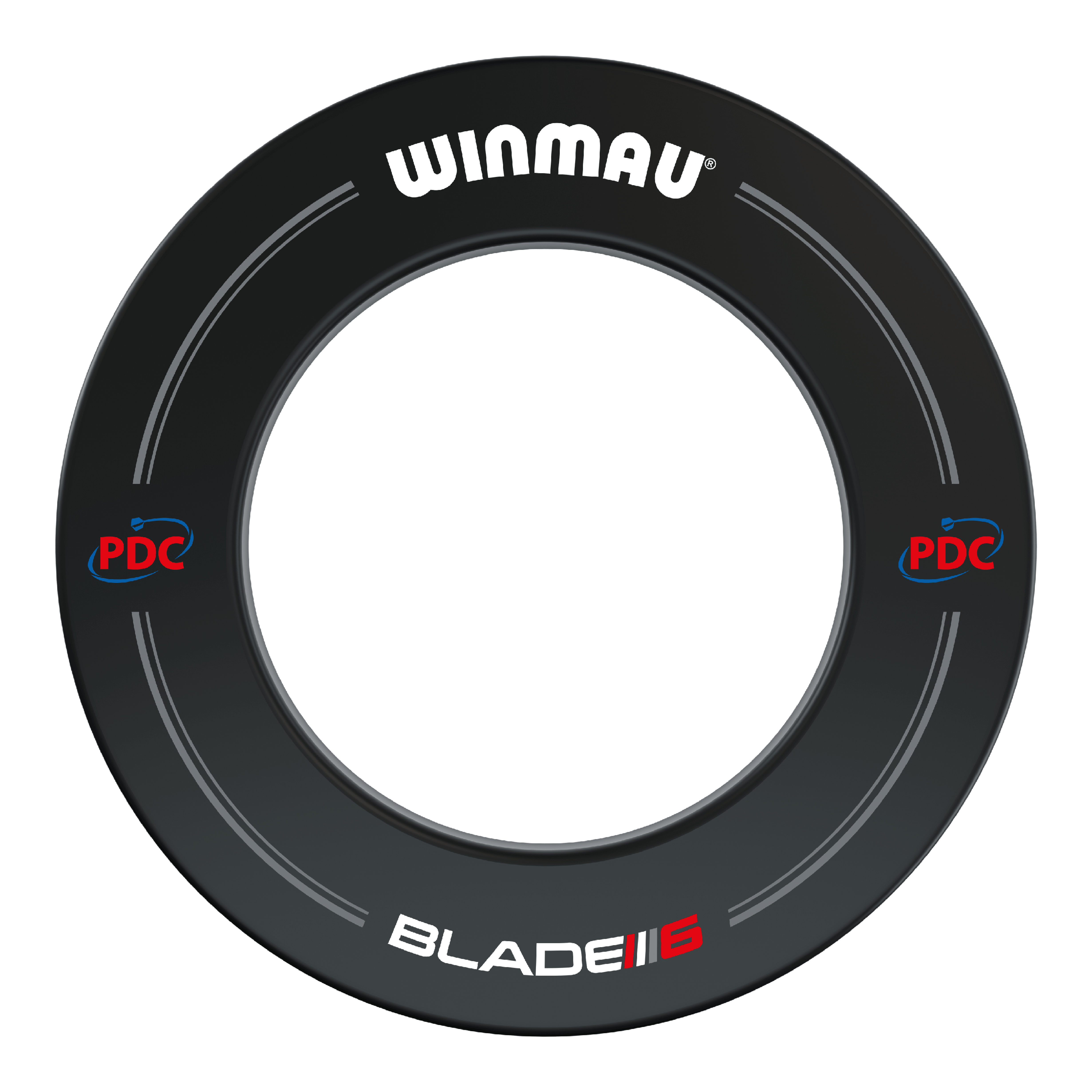 Winmau PDC Dartboard Surround – černá Das Bild zeigt einen schwarzen Winmau PDC Dartboard Surround. Auf dem Surround sind die Logos von Winmau, PDC und Blade 5 zu sehen.