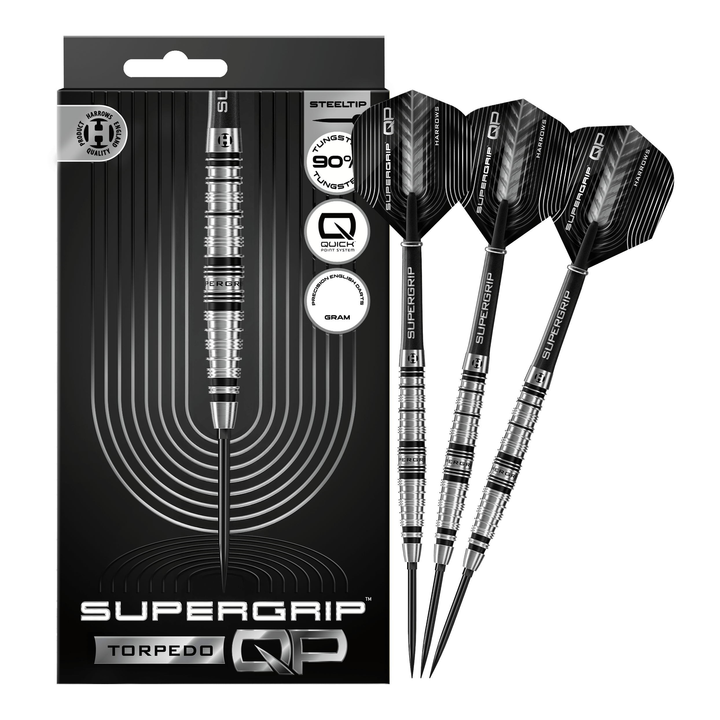 Šipky Harrows Supergrip Torpedo Quick Point ocelové Abgebildet sind Harrows Supergrip Torpedo Quick Point Steeldarts. Die Steeldarts sind vollständig dargestellt.