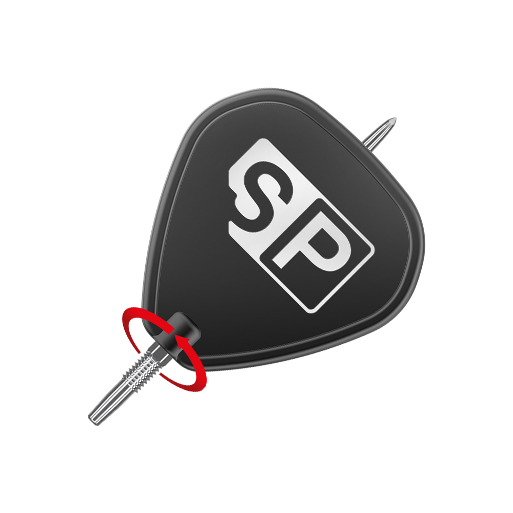 Špičky na šipky Target Swiss Point GRD Silver Das Bild zeigt eine silberne Dartspitze der Marke "Target Swiss Point GRD". Die Spitze ist an einem schwarzen Flightschutz mit den Buchstaben "SP" befestigt.