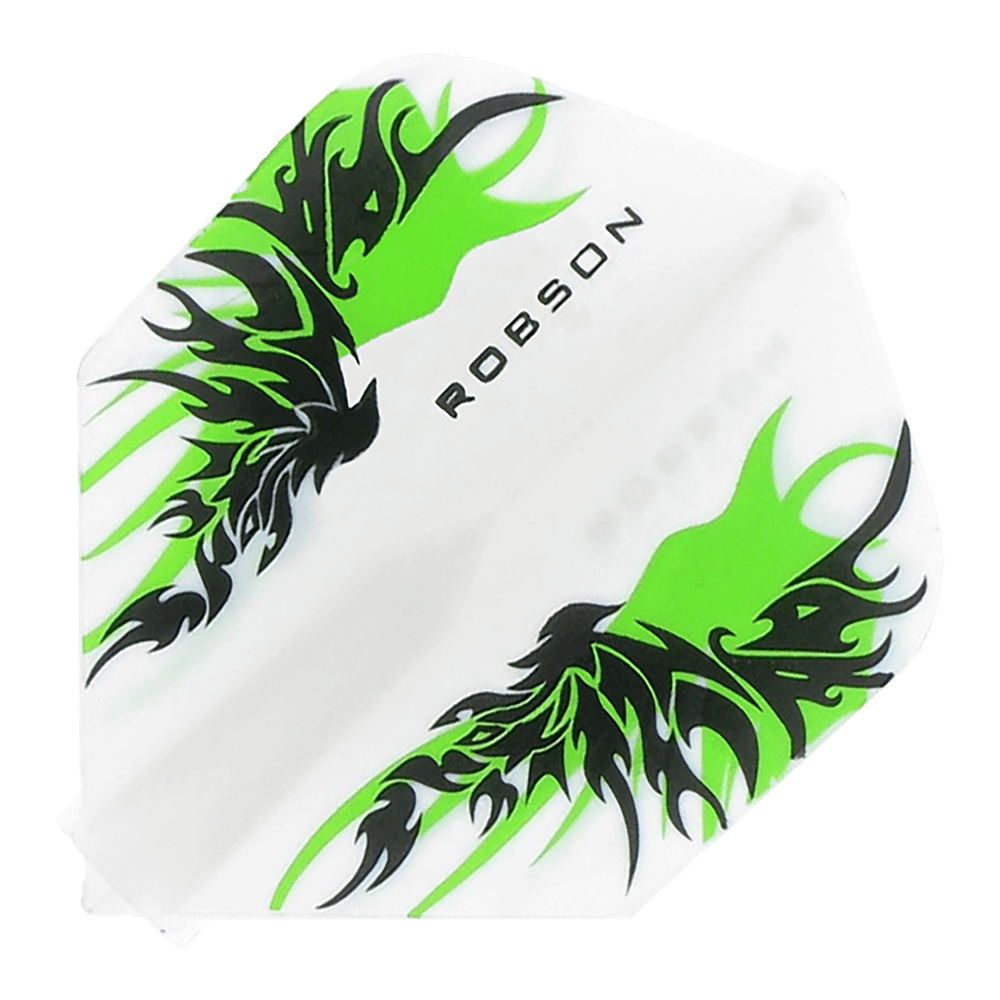 Robson Plus Flights Standard Finn White Das Bild zeigt ein Robson Plus Flights Standard Finn White Dart-Flügel. Er ist weiß mit schwarzen und grünen Tribal-Mustern und dem Schriftzug "ROBSON" in der Mitte.
