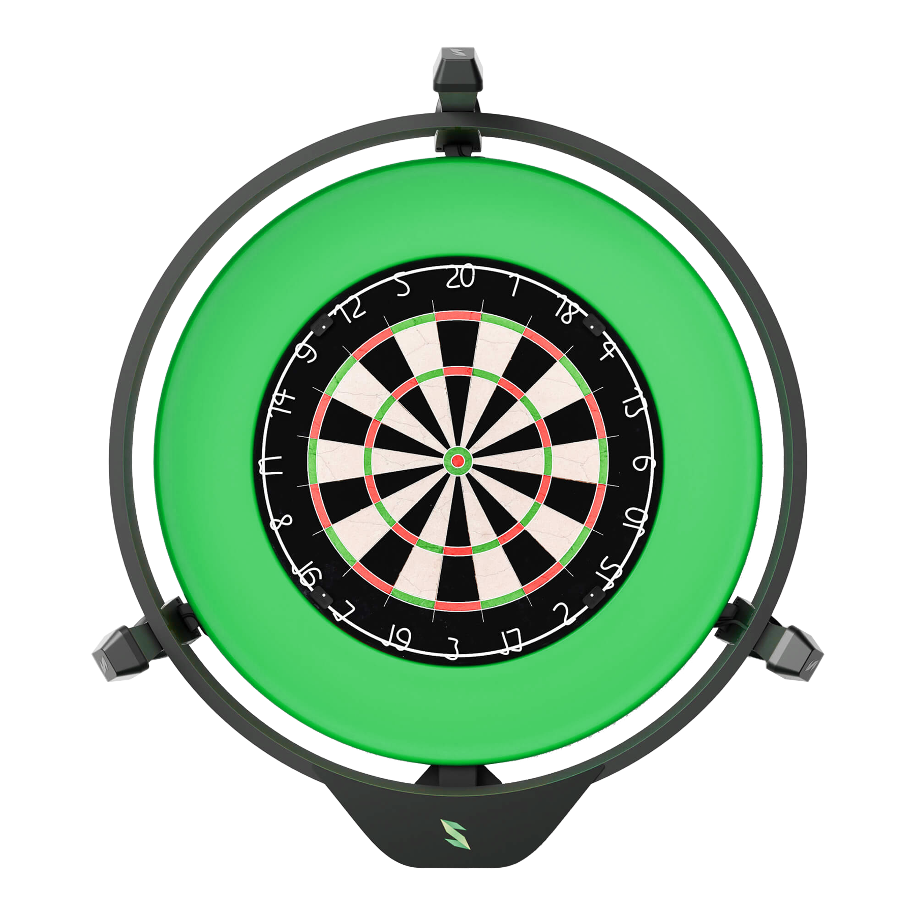 Das Bild zeigt das Produkt "Scolia Home 2 Electronic Score System mit Beleuchtungsring". In der Mitte befindet sich eine Dartscheibe, die von einem grünen Leuchtring umgeben ist.