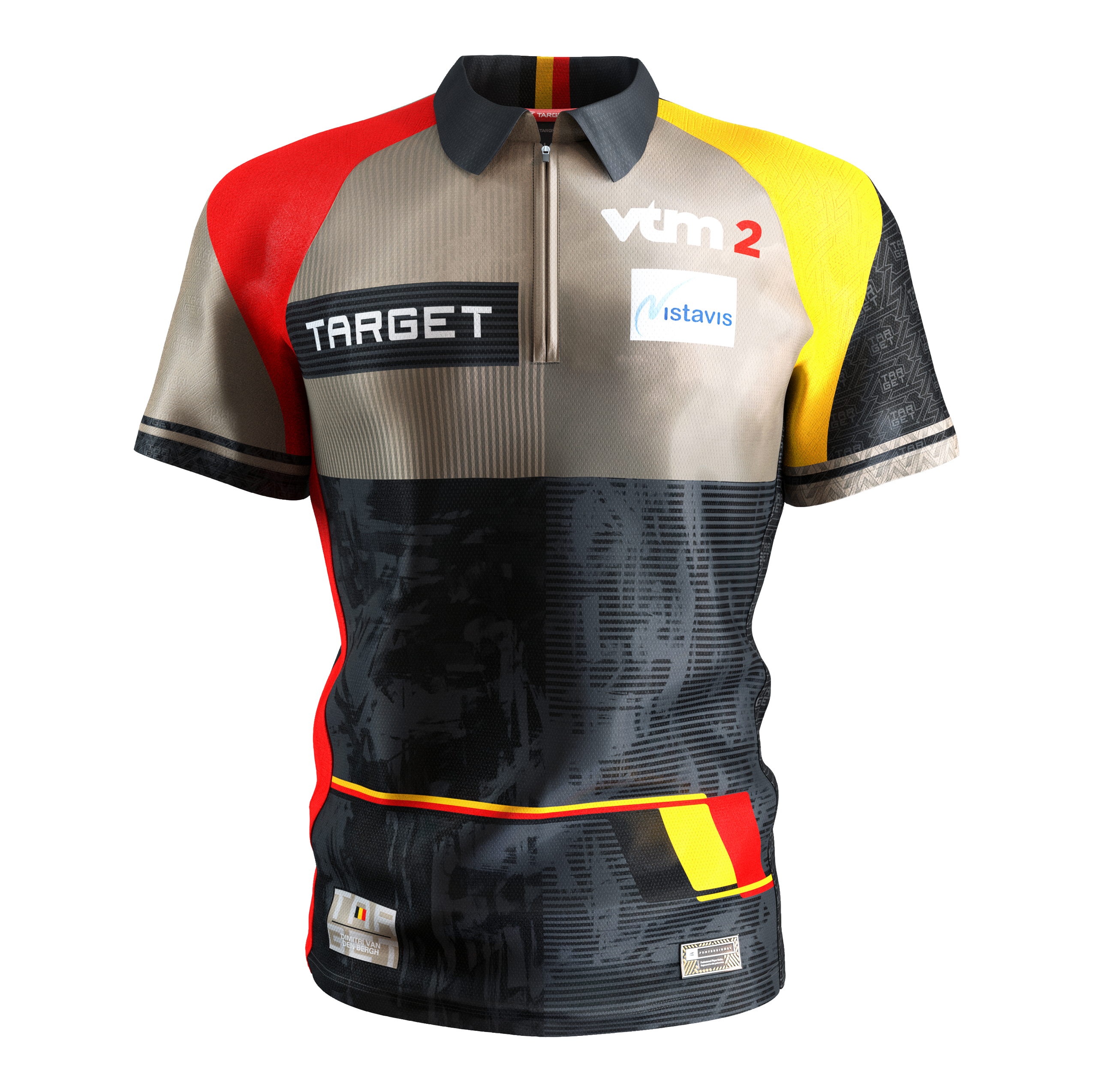 Das Bild zeigt das "Target Coolplay Dimitri Van Den Bergh 2025 Dartshirt". Das Shirt ist bunt gestaltet mit den Farben Schwarz, Rot, Gelb und Beige und trägt mehrere Sponsorenlogos.