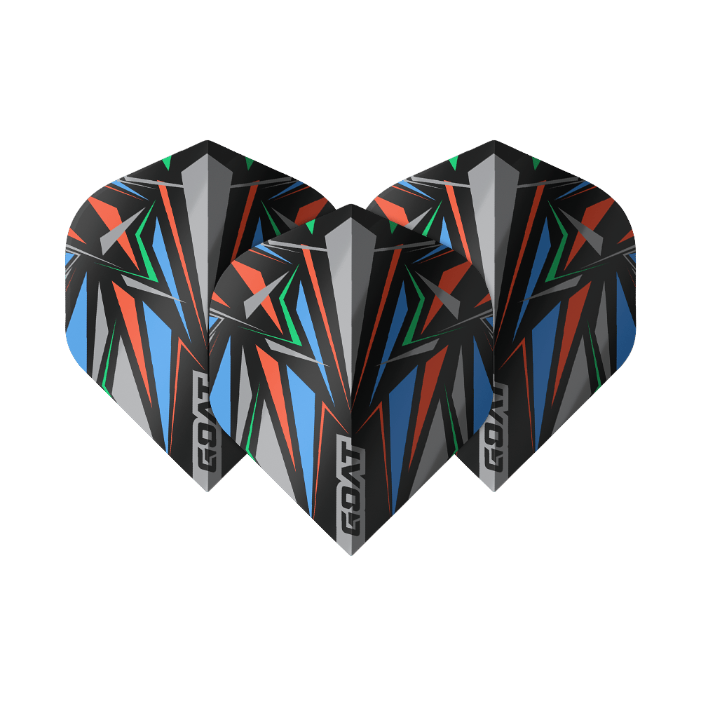 Standardní letky GOAT Athlete Black No2 Das Bild zeigt drei GOAT Athlete Black No2 Standard Flights mit einem auffälligen, bunten geometrischen Muster. Die Flights sind überwiegend in Schwarz gehalten und haben rote, blaue, grüne und graue Akzente.