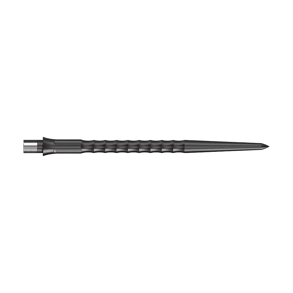 Das Bild zeigt Steeldartspitzen des Caliburn Evo Systems in Schwarz, 40 mm lang. Zwei Spitzen sind sichtbar, die Oberfläche ist geriffelt ohne Lippe.