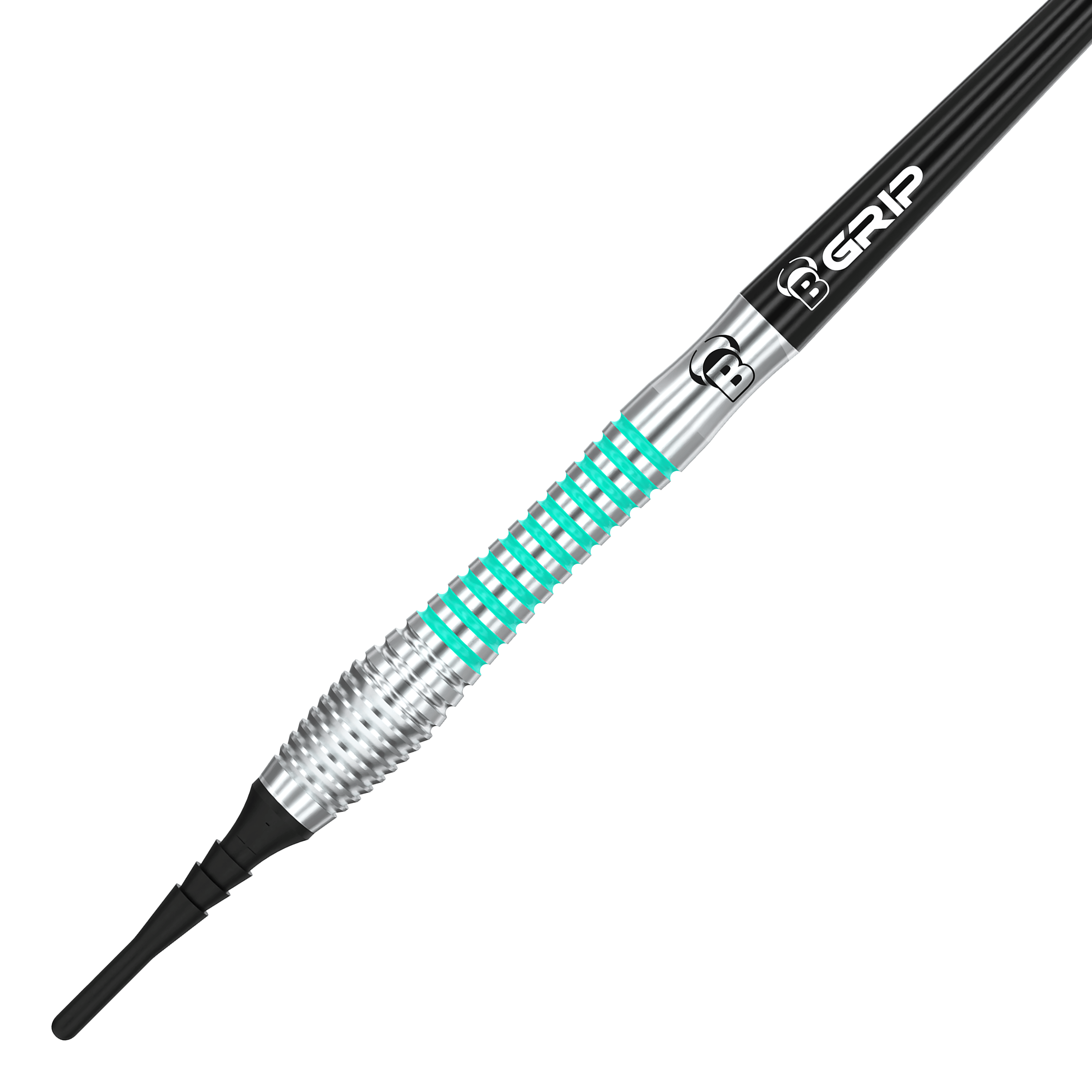 Das Bild zeigt einen Bulls Veco V2 Softdart mit silbernem und türkisfarbenem Griffbereich. Auf dem schwarzen Schaft steht das Wort "GRIP".