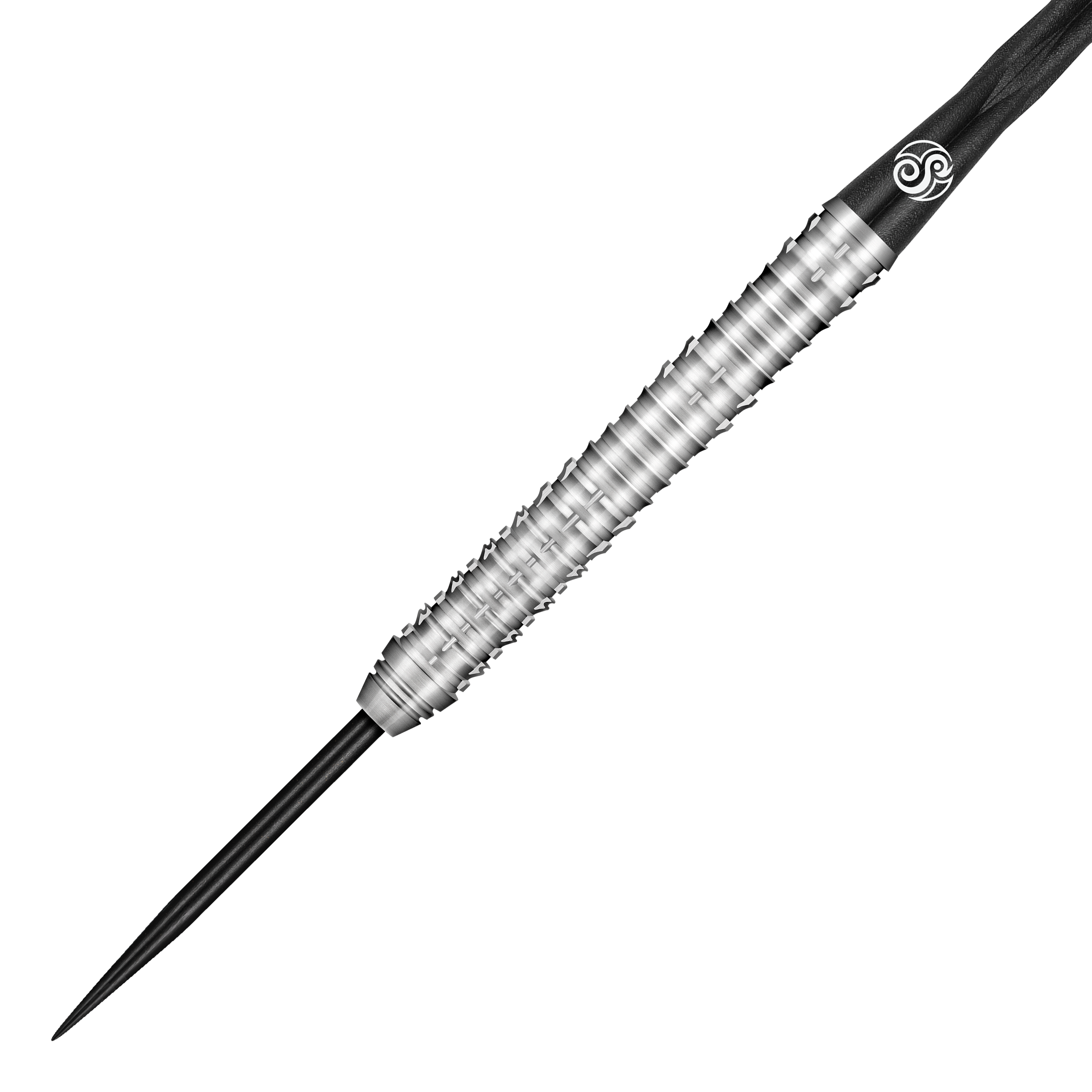 Das Bild zeigt einen Shot Future Knights Ironsoul Steeldart. Der Dart hat eine silberne, gerillte Metallspitze und einen schwarzen Schaft mit Logo.