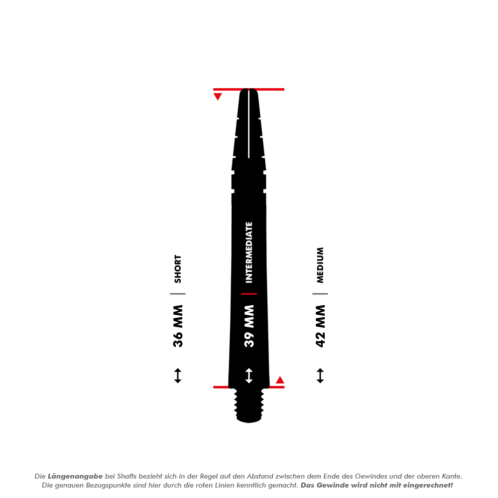 Red Dragon Nitrotech Luke Humphries Coolhand šachty - modré Das Bild zeigt einen Dart-Shaft mit einer Länge von 39 mm, der als "Intermediate" gekennzeichnet ist. Es sind auch Vergleichslängen für "Short" (36 mm) und "Medium" (42 mm) angegeben.