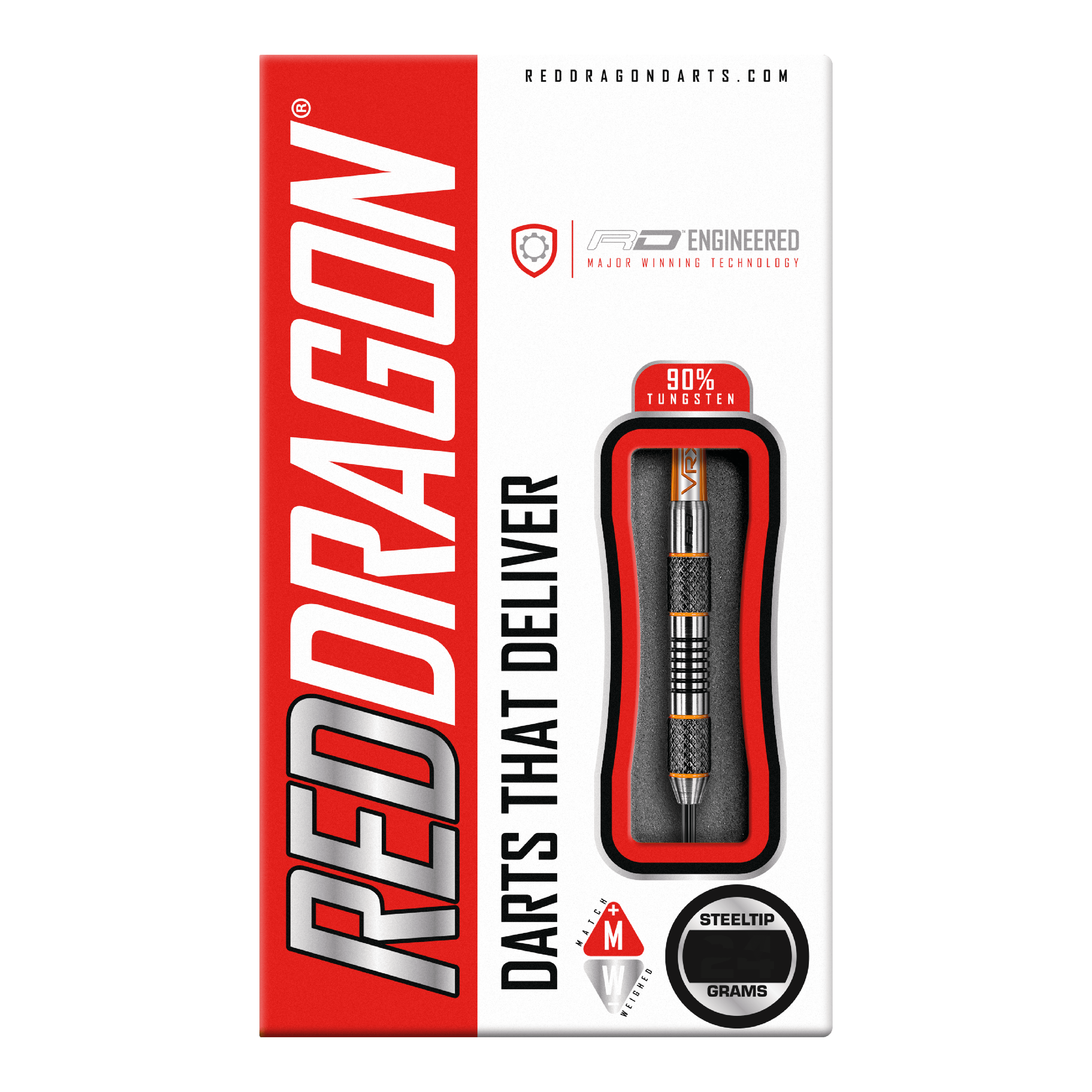 Red Dragon Amberjack 5 ocelových šipek - 24g Die Abbildung zeigt die Verpackung der "Red Dragon Amberjack 5 Steeldarts - 24g". Auf der Packung sind ein sichtbarer Dartpfeil und die Aufschrift "Darts That Deliver" zu sehen.