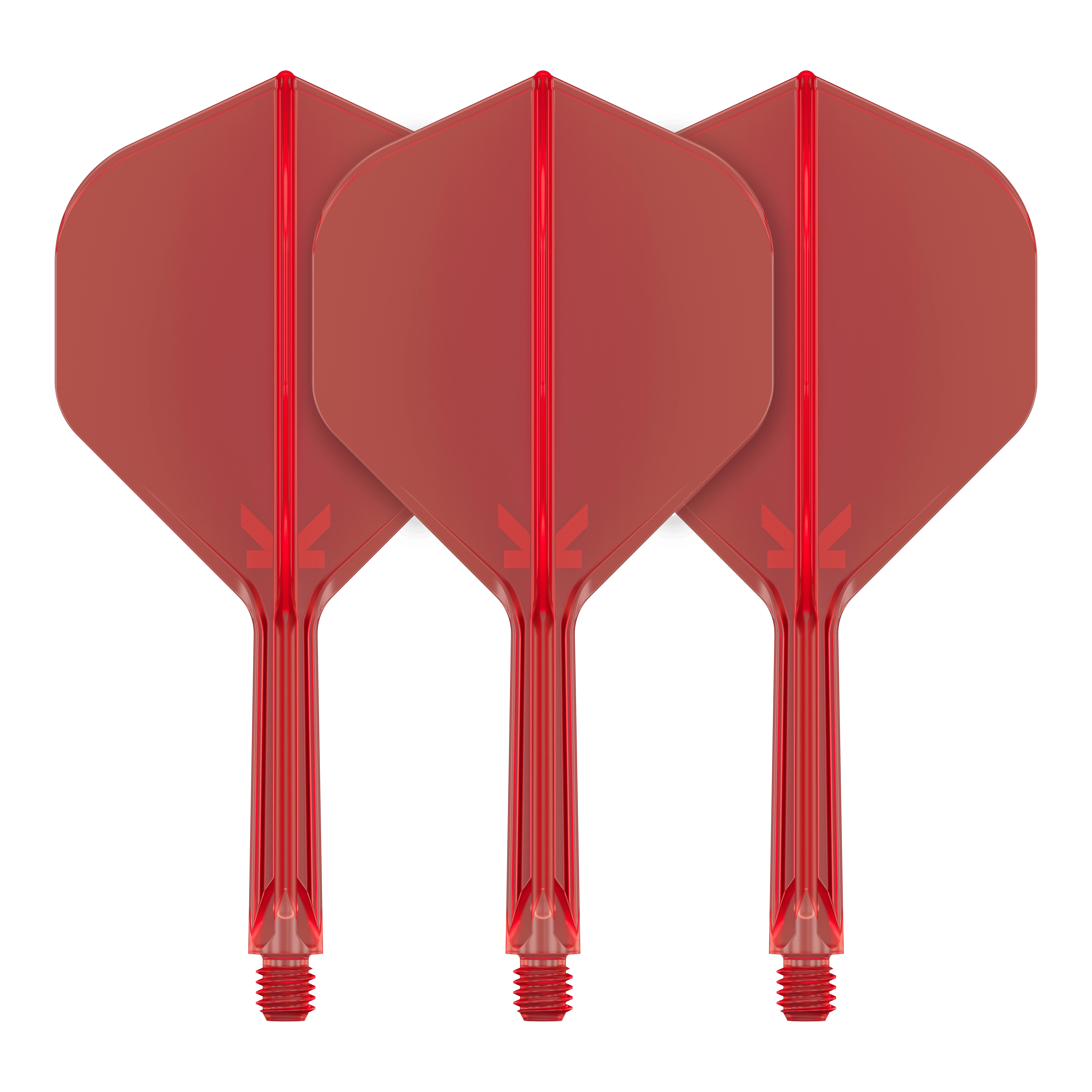 Auf dem Bild sind drei rote Dartflights mit integrierten Schäften zu sehen. Sie stehen nebeneinander in einer aufrechten Position.