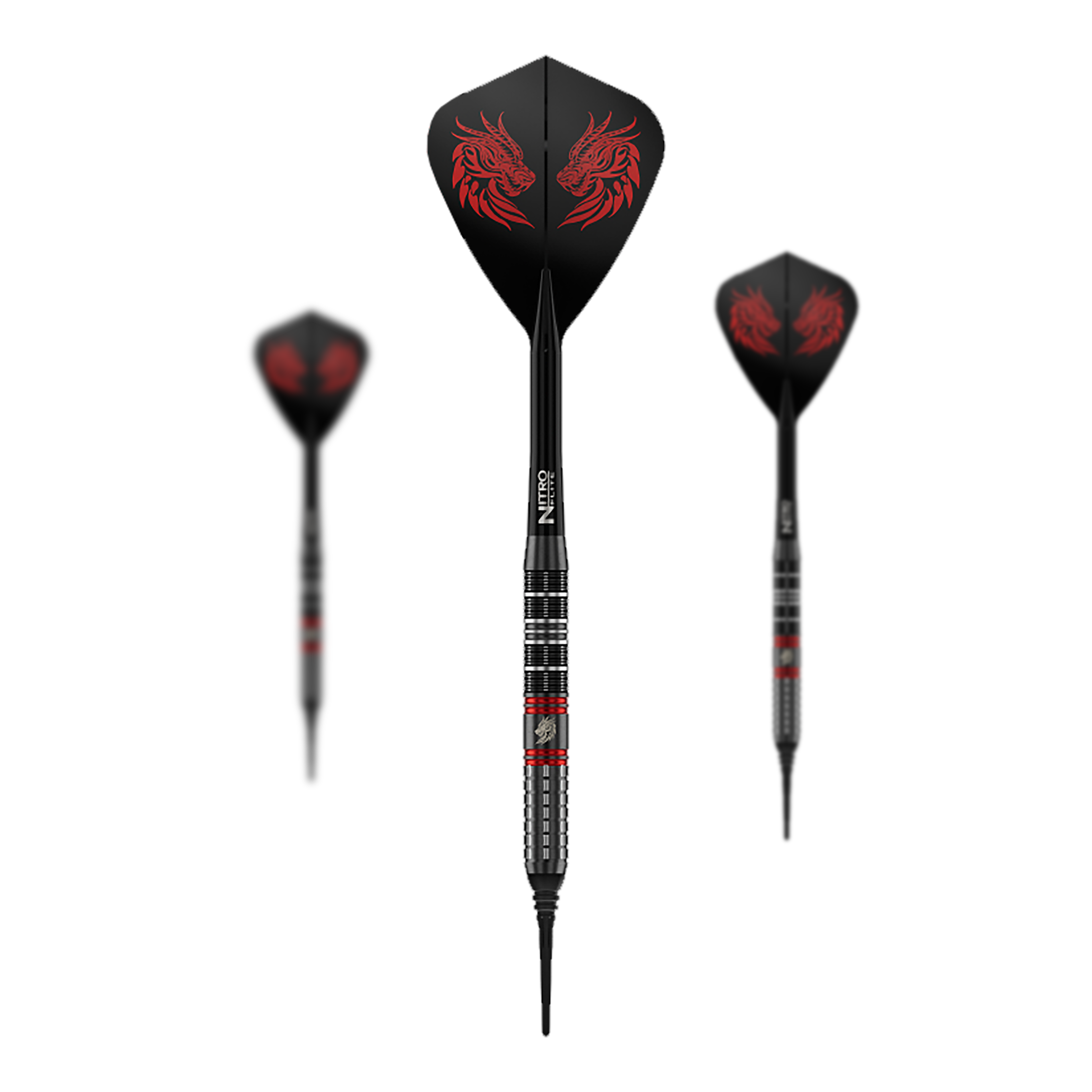 Šipky Red Dragon Jonny Clayton RD-ULTRA měkké - 18g Zu sehen ist ein Set der Red Dragon Jonny Clayton RD-ULTRA Softdarts mit 18g Gewicht. Die drei Darts haben schwarze, silberne und rote Details und sind nebeneinander platziert.
