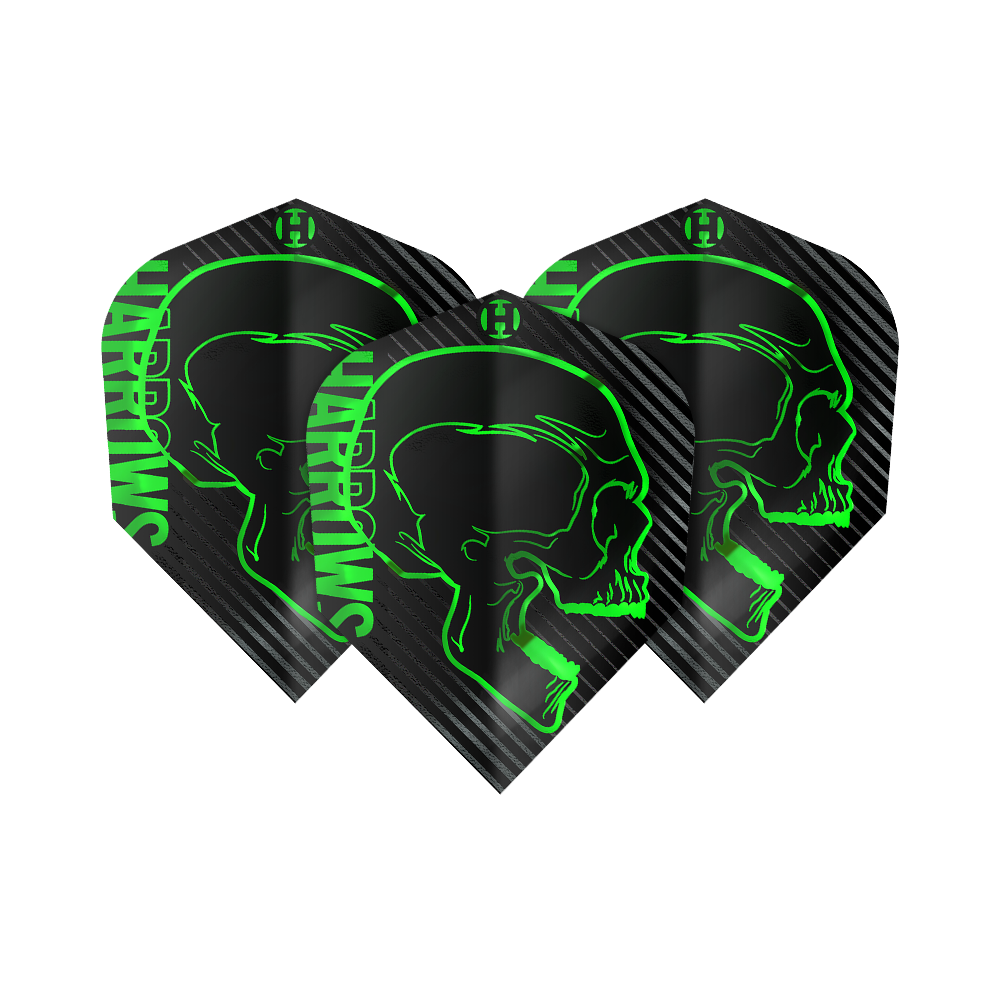 Lety do Harrows Rage Green č. 6 Das Bild zeigt drei schwarze Dart-Flights mit einem grünen Totenkopf-Design und dem Schriftzug "Harrows". Die Flights sind das Modell "Harrows Rage Green No6".