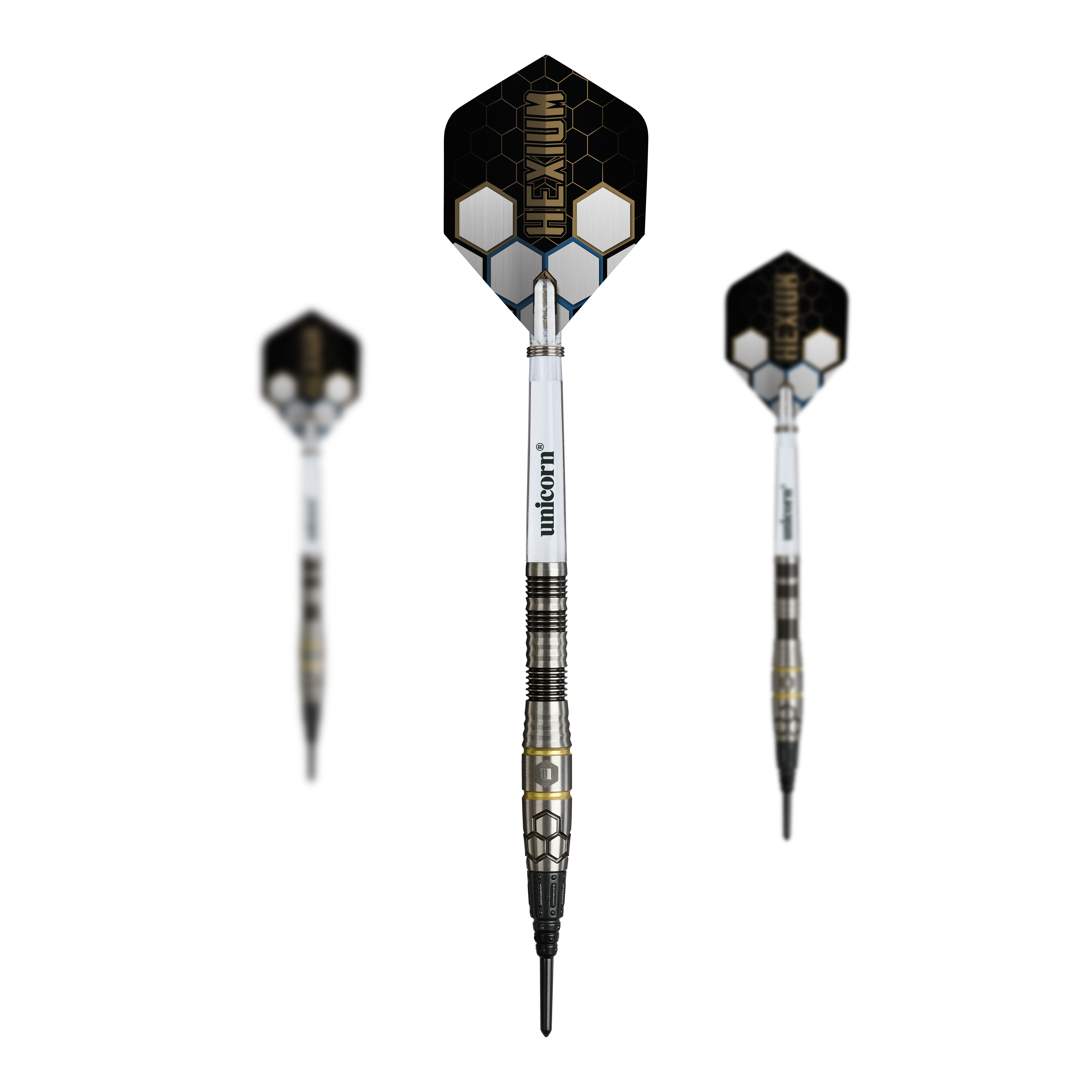 Měkké šipky Unicorn Hexium Style 01, černo-zlaté - 22g Dieses Set zeigt die Unicorn Hexium Style 01 Black & Gold Softdarts - 22g als Set. Perfekt für Spieler, die ein passendes, abgestimmtes Dart-Set suchen.