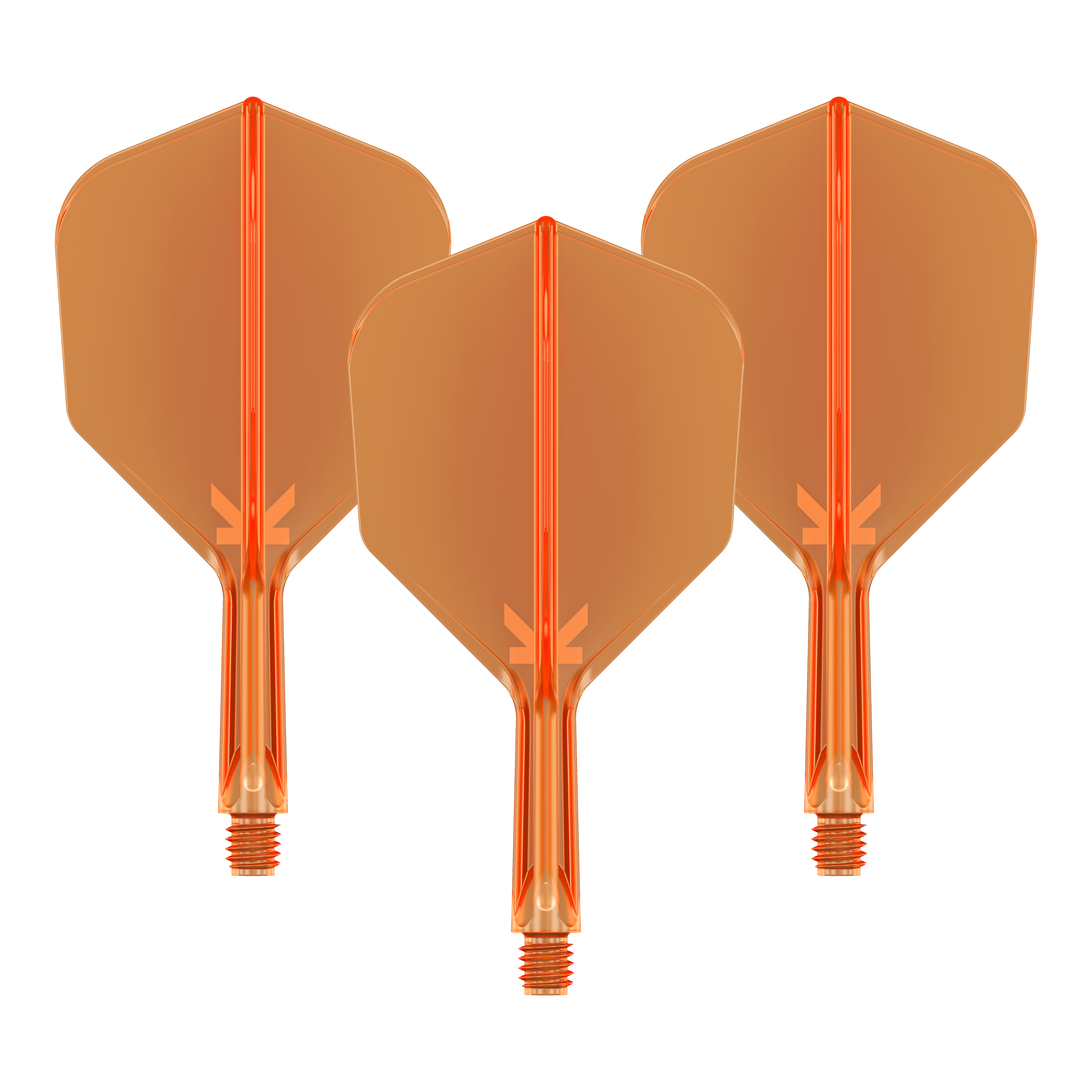 Letový systém Target K-Flex No6 - neonově oranžový Auf dem Bild sind drei neonorange Darts-Flights mit Schaft zu sehen. Sie sind nebeneinander angeordnet und haben eine transparente Optik.