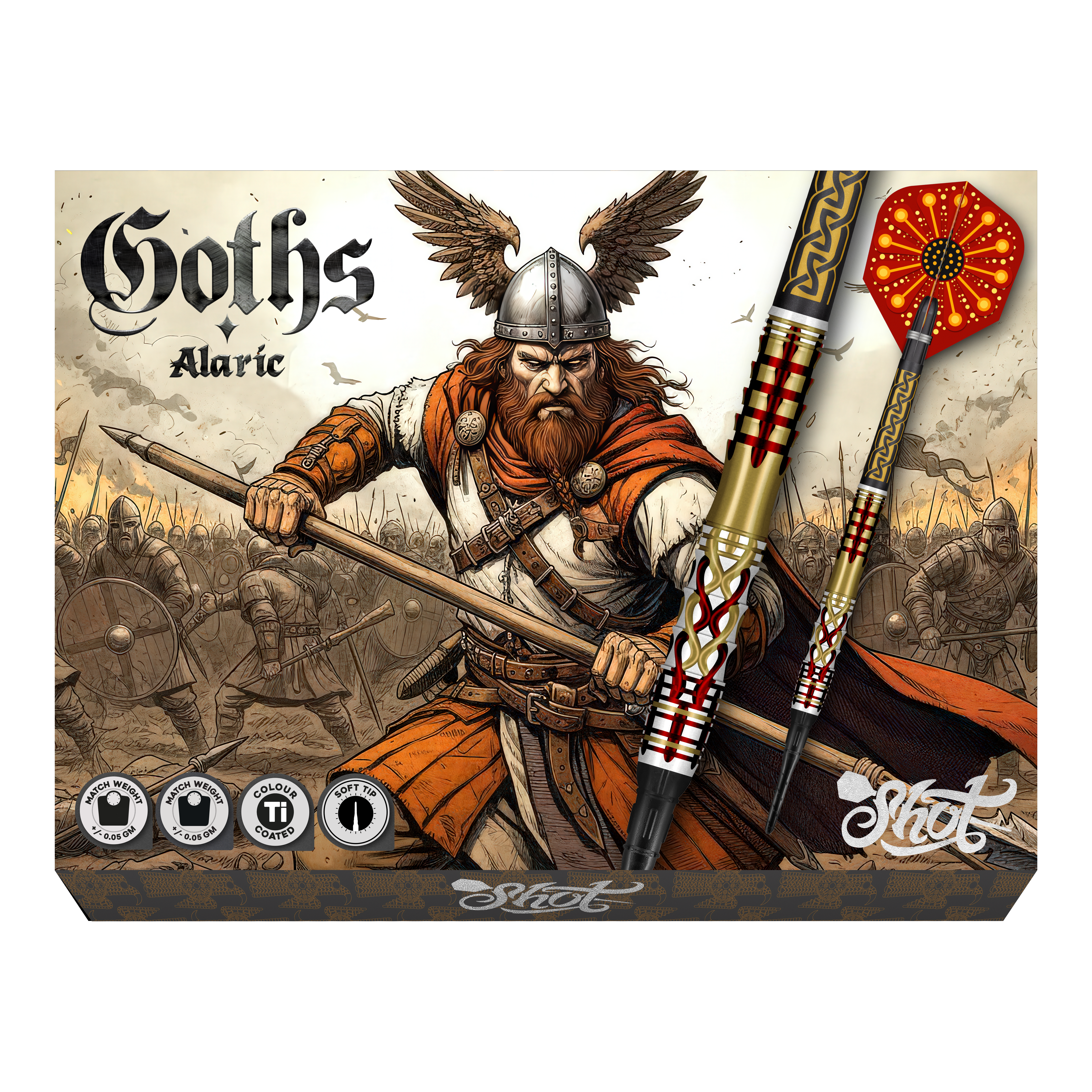 Měkké šipky Shot Goths Alaric - 20g Abgebildet sind Shot Goths Alaric Softdarts mit einem Gewicht von 20g. Die Darts eignen sich perfekt für das Softdart-Spiel.