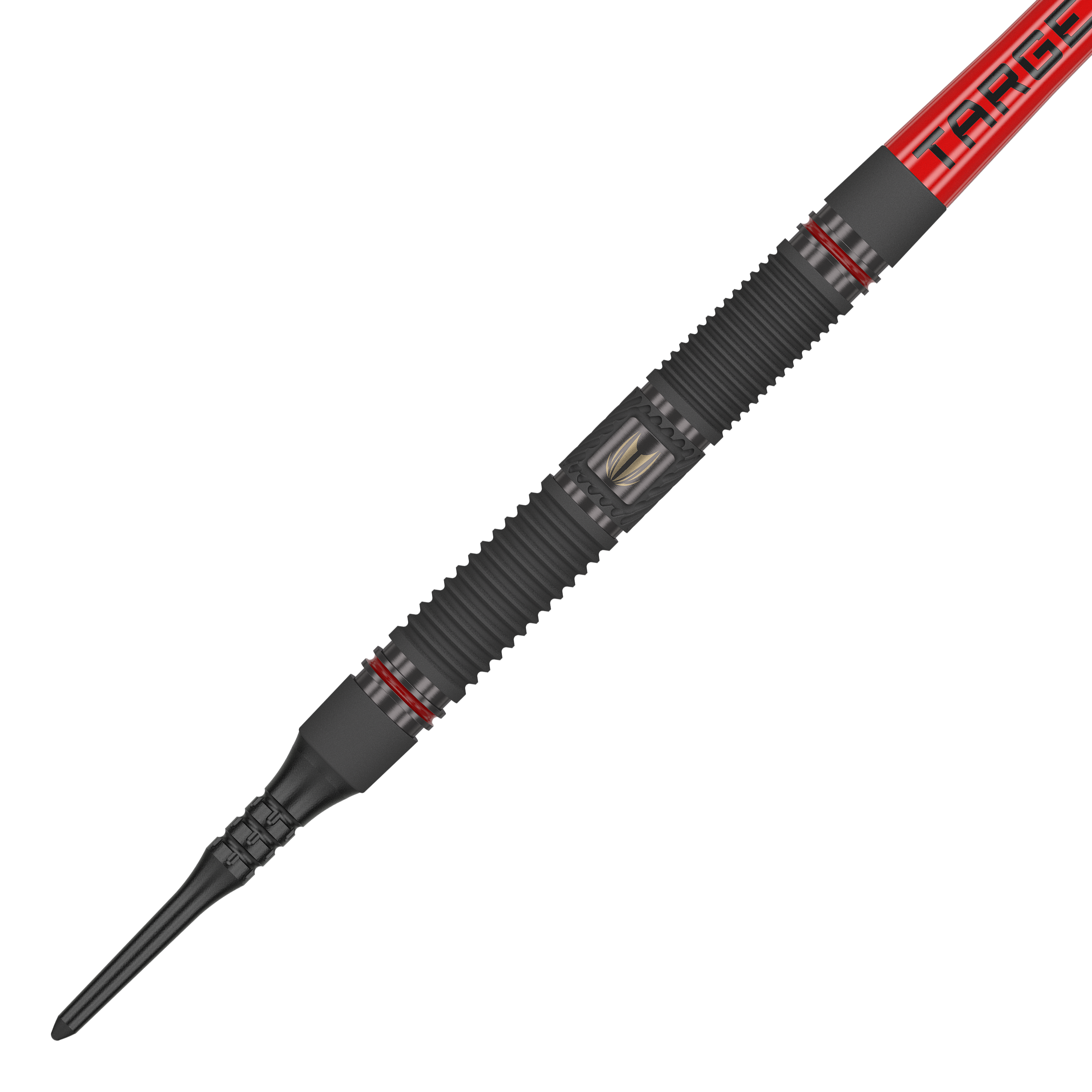 Target Scope 10 měkkých šipek Das Bild zeigt einen Target Scope 10 Softdart mit einem schwarzen, geriffelten Griff und roten Akzenten. Der Dart hat eine rote Fliege mit der Aufschrift "TARGET".