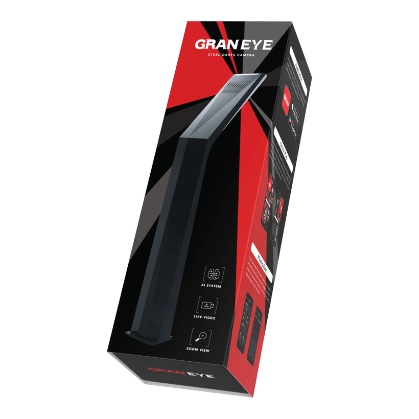 Systém automatického bodování GranDarts Gran Eye GEN2 Steeldart Das Bild zeigt die Verpackung des Produkts "GranDarts GranEye Steeldart Auto-Scoring-System". Auf der Schachtel sind ein Bild des Geräts sowie Hinweise auf Funktionen wie KI-System, Live-Video und Zoom-Ansicht abgebildet.