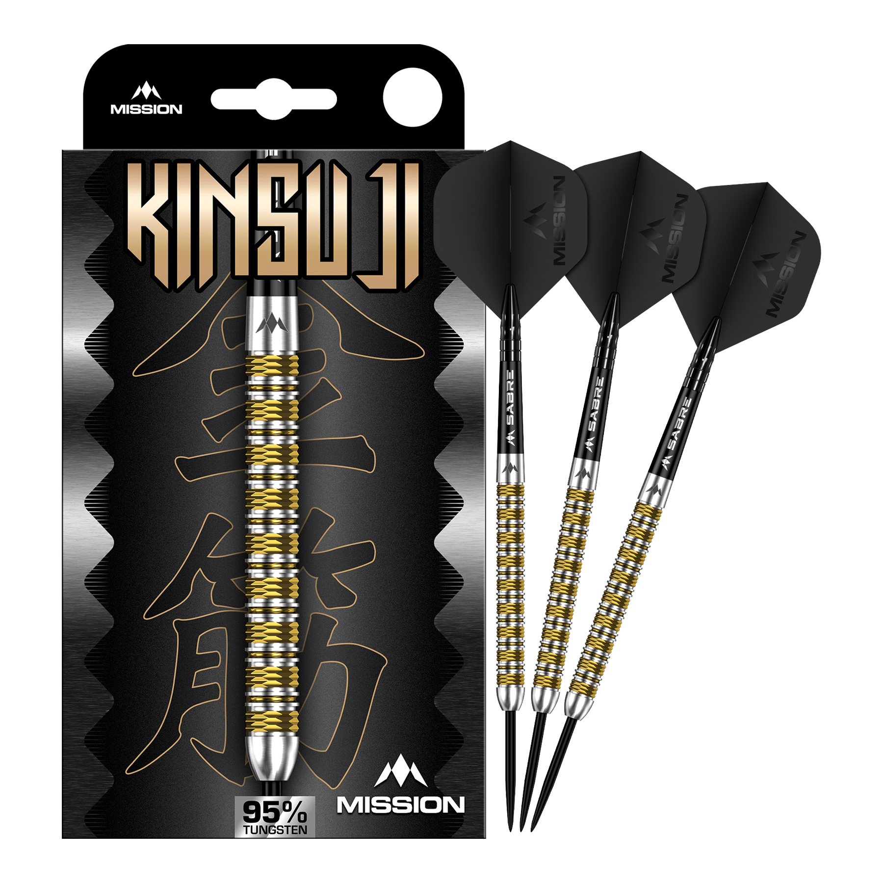 Zu sehen ist ein Satz Mission Kinsuji Steeldarts. Die Dartpfeile sind vollständig dargestellt.