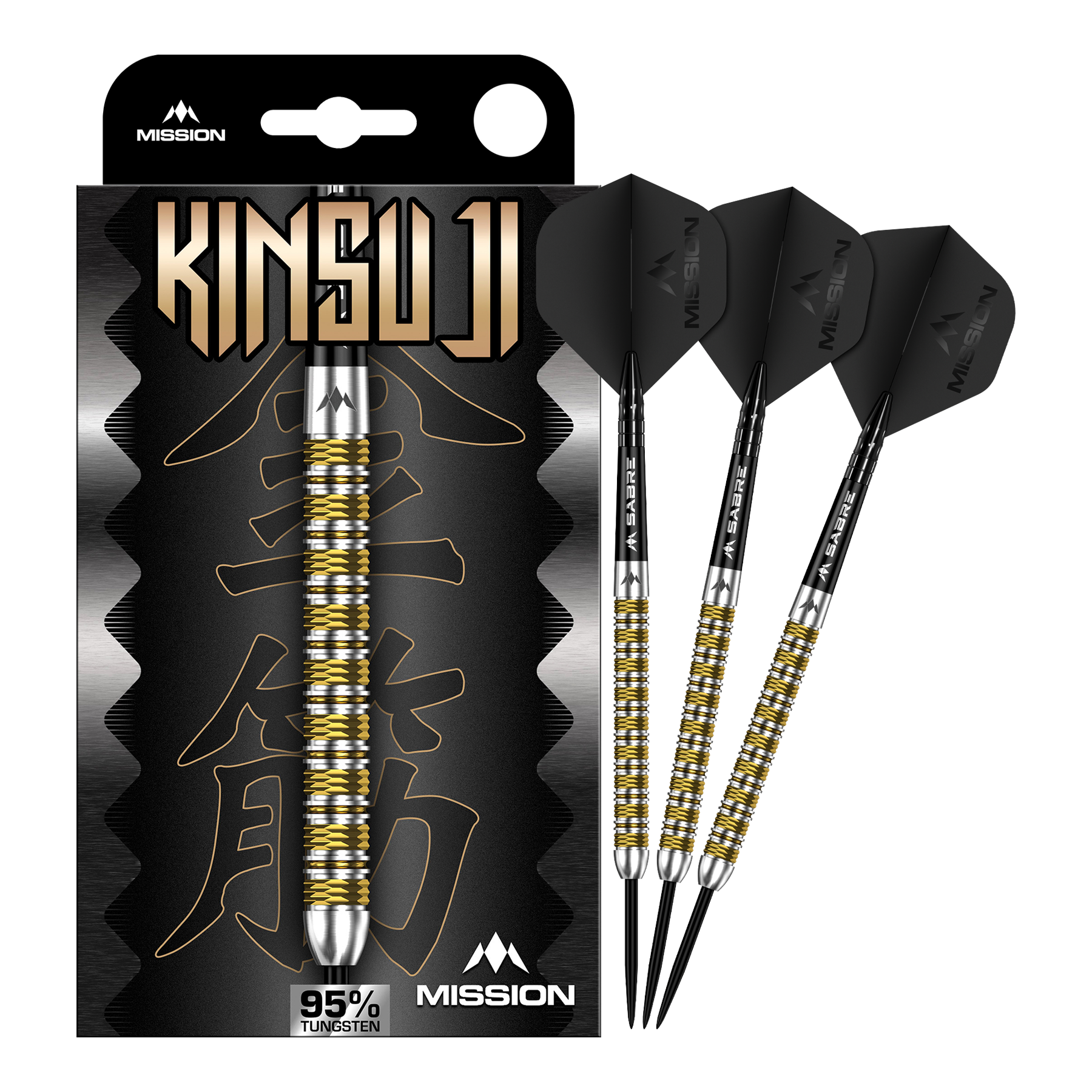 Mise Kinsuji Steeldarts Zu sehen ist ein Satz Mission Kinsuji Steeldarts. Die Dartpfeile sind vollständig dargestellt.