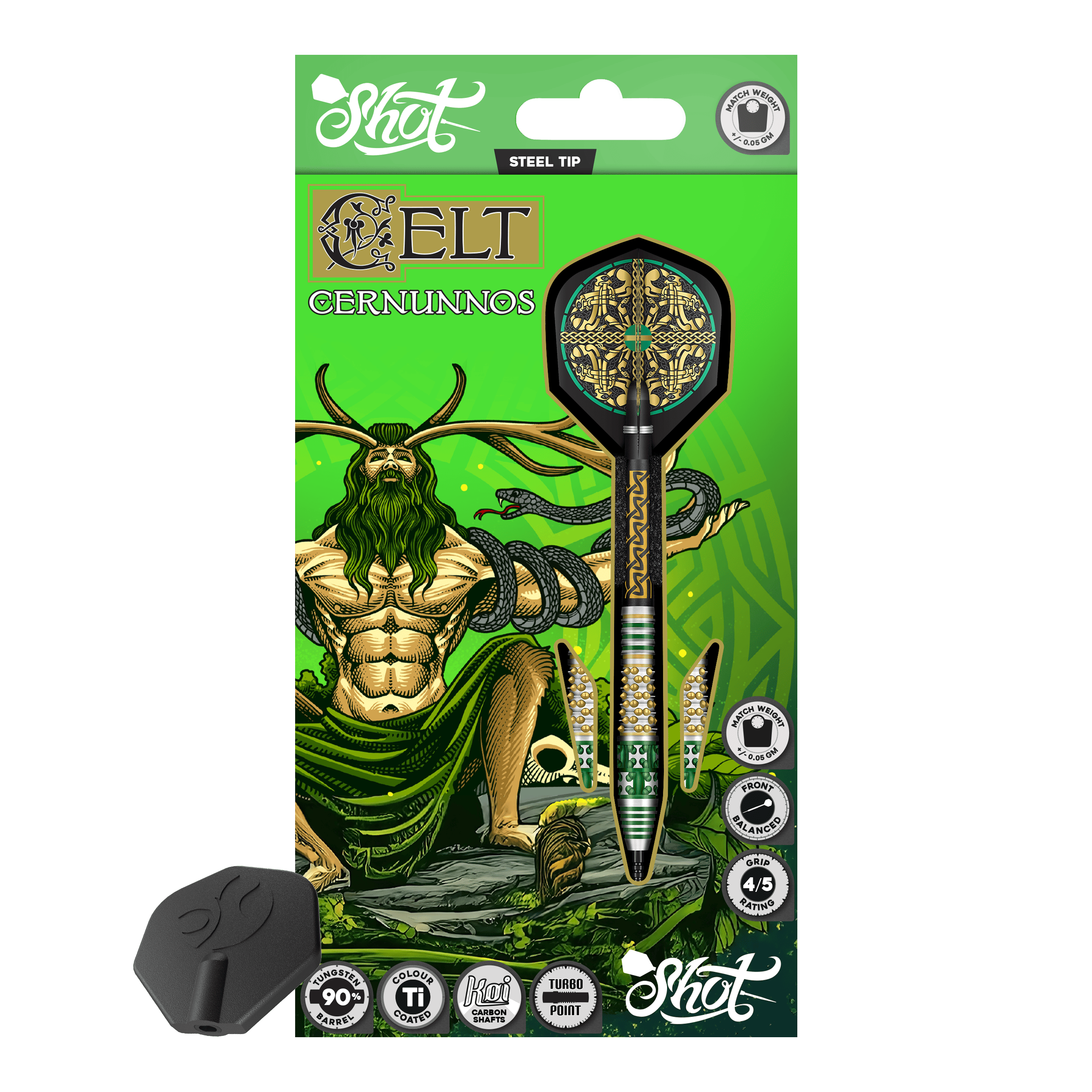 Shot Celt Cernunnos Turbo Point Steeldarts Dartpfeile mit ungewöhnlicher Schaftstruktur liegen nebeneinander. Das Bild zeigt sie aus seitlicher Perspektive.