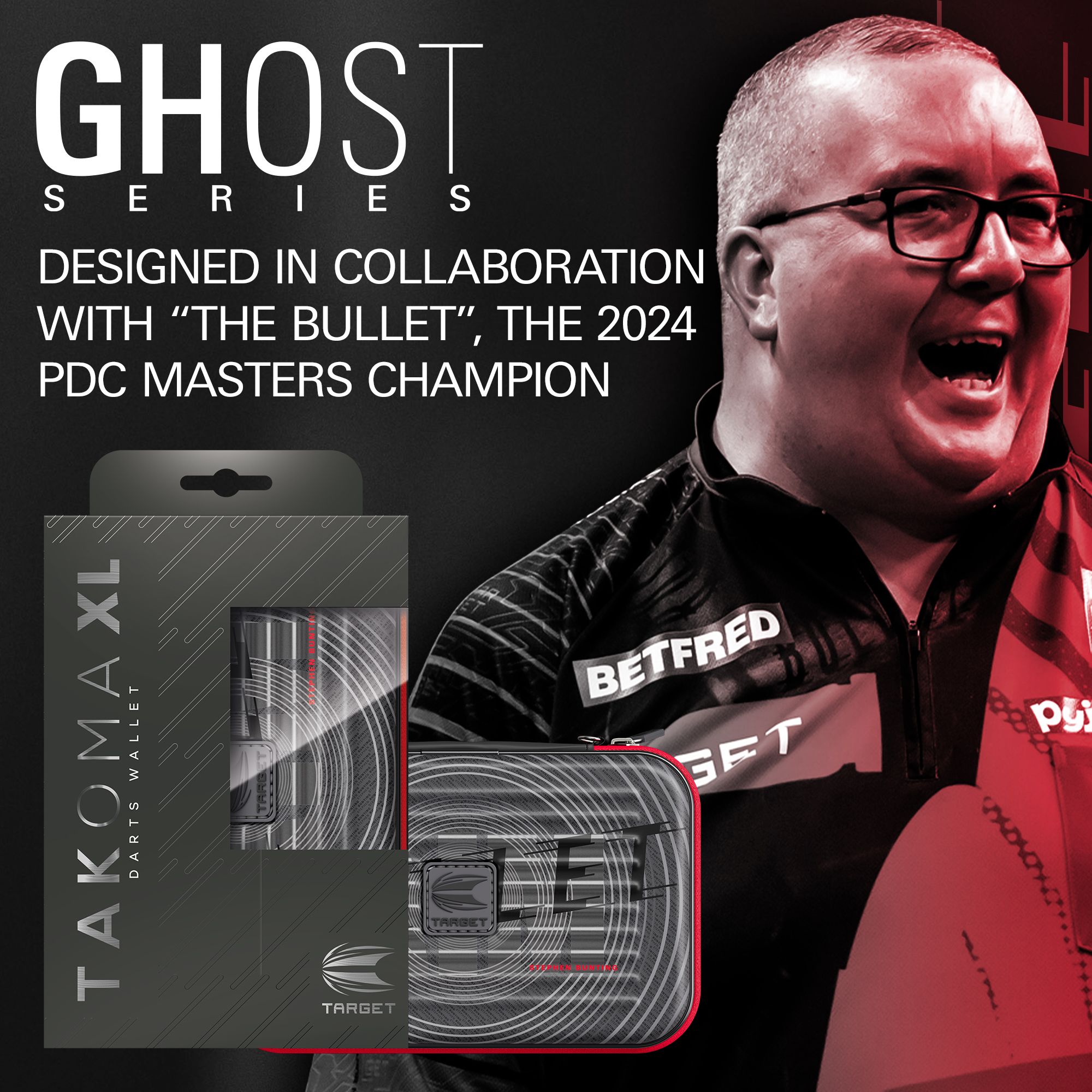 Zu sehen ist das Takoma XL Ghost Series Stephen Bunting Dartcase. Die Darttasche bietet Schutz und Stil für Dartzubehör von Stephen Bunting.