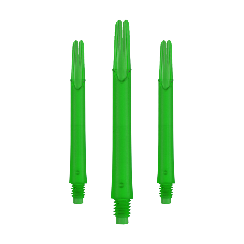Auf dem Bild sind drei grüne, gerade Dartschäfte zu sehen. Sie sind jeweils unten mit einem Gewinde versehen und stehen nebeneinander.