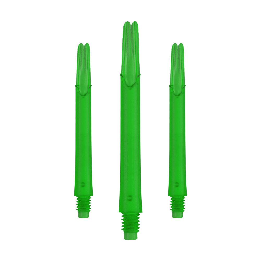 L-tvarované L-hřídele, zajištěné rovné - zelené Auf dem Bild sind drei grüne, gerade Dartschäfte zu sehen. Sie sind jeweils unten mit einem Gewinde versehen und stehen nebeneinander.