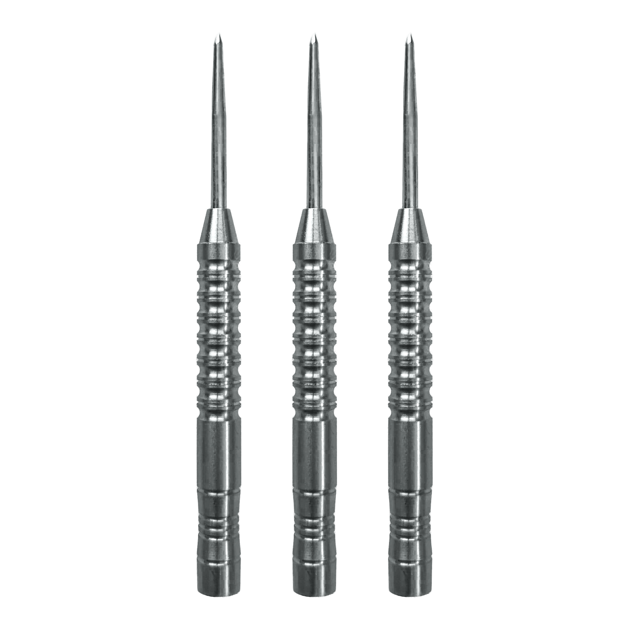 Das Bild zeigt drei silberne Steeldart-Barrels mit gerilltem Griff. Es handelt sich um das Produkt "McDart Spectre V34 Steeldart Barrels - 22g".