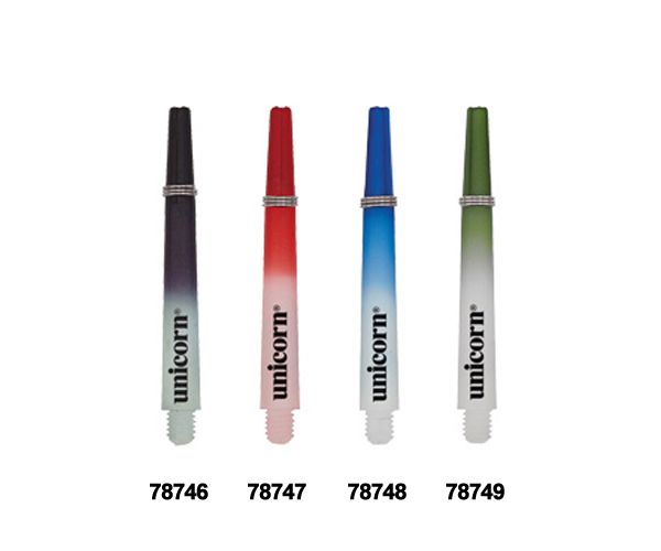 78746 Das Bild zeigt vier kurze Unicorn Gripper III Two Tone Shafts in verschiedenen Farben. Jeder Shaft hat einen Farbverlauf und die Aufschrift "unicorn".