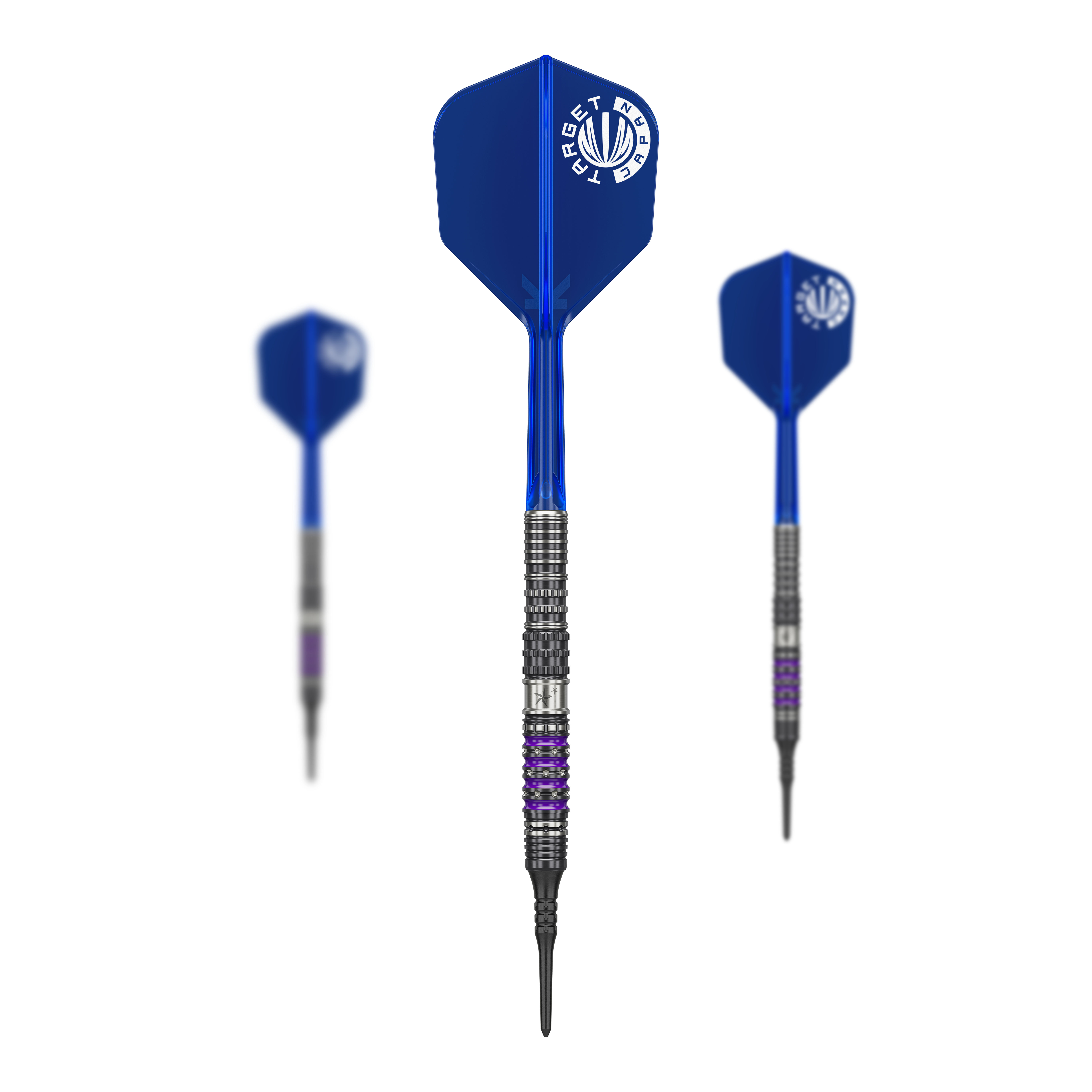 Měkké šipky Target Japan Prime Series Sirius GEN4 - 21,5 g Das Bild zeigt drei Softdarts der Serie "Target Japan Prime Series Sirius GEN4" mit einem Gewicht von 21,5g. Die Darts haben blaue Flights und silber-schwarze Barrels mit lila Akzenten.