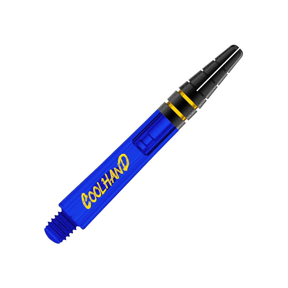 Red Dragon Nitrotech Luke Humphries Coolhand šachty - modré Das Bild zeigt einen blauen Dart-Schaft mit der Aufschrift "COOLHAND" in gelber Schrift. Der Schaft hat am oberen Ende schwarze und gelbe Akzente.