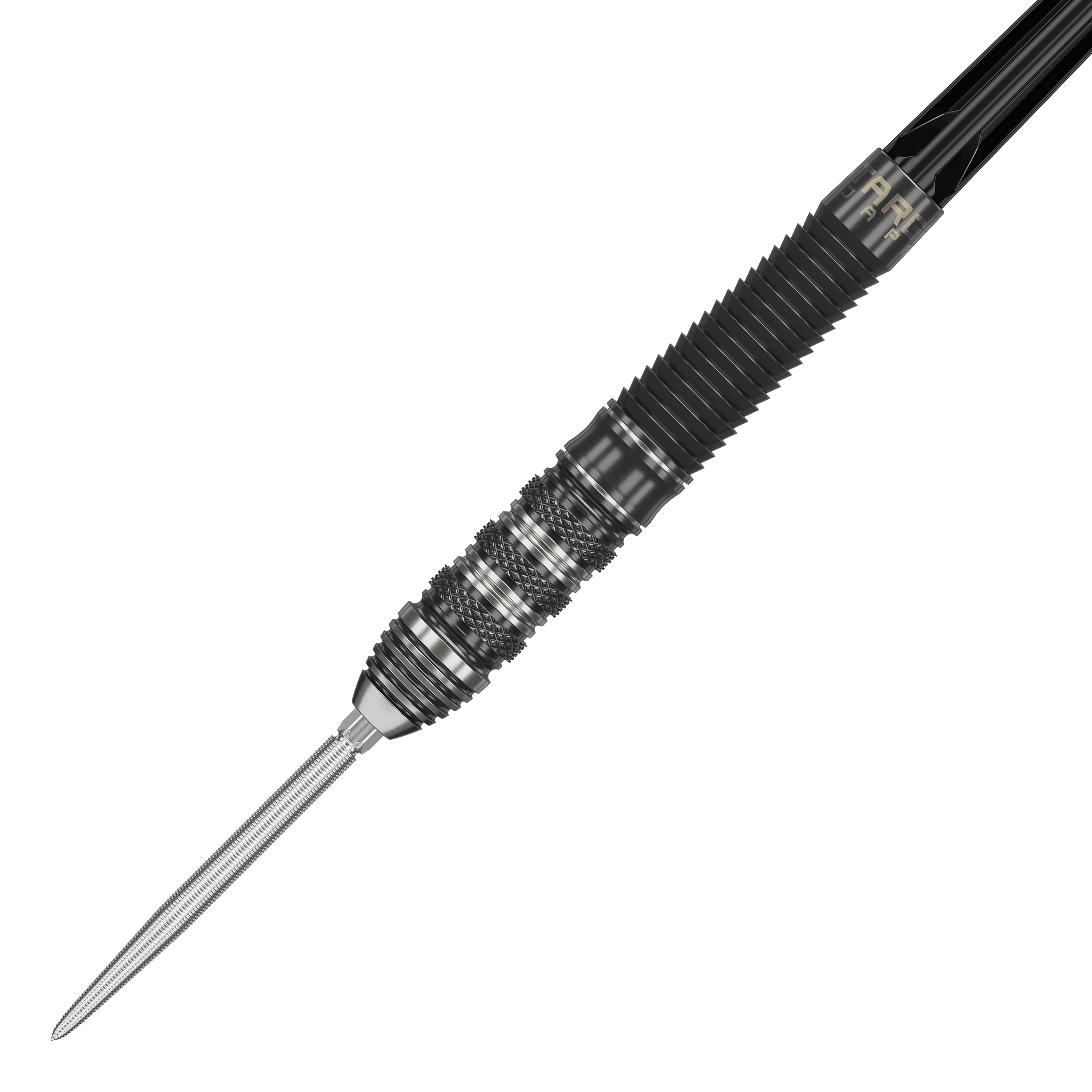 Šipky Target Japan Black Marque Armageddon GEN2 Swiss Point Steeldarts Das Bild zeigt einen Target Japan Black Marque Armageddon GEN2 Swiss Point Steeldart. Der Dartpfeil hat ein schwarzes, geriffeltes Griffstück und eine silberne Spitze.