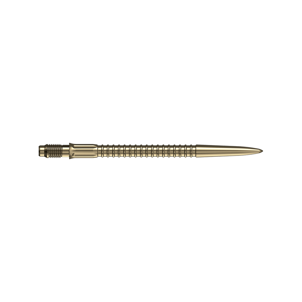 Špičky na šipky Mission R2.5 Rapid Point GV1 - zlaté Mehrere goldene Dartspitzen mit einer Länge von 35mm sind dargestellt. Sie eignen sich als Ersatzteile für Dartfans.