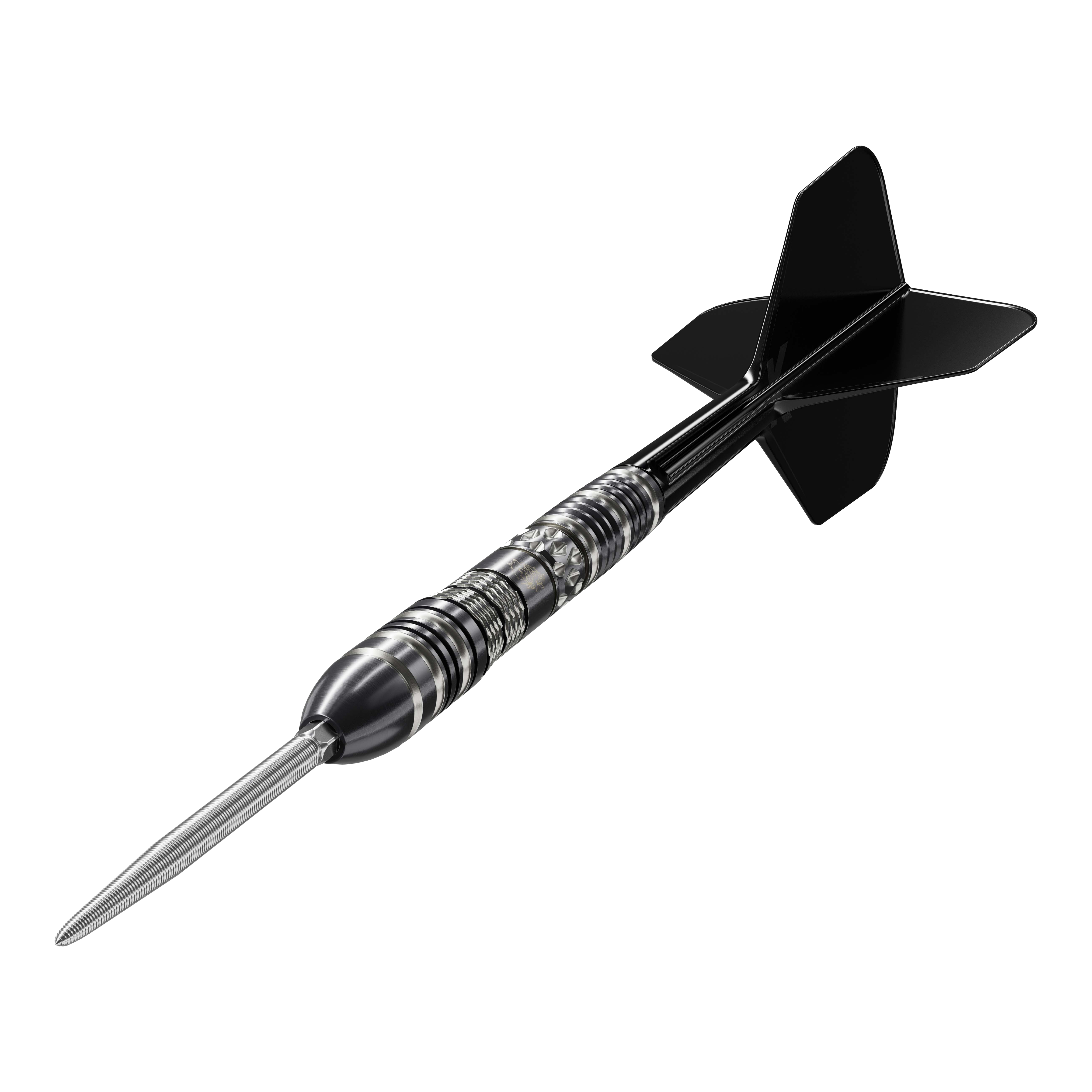 Das Bild zeigt einen Target Black Marque Dragon 3 Swiss Point Steeldart. Der Dart ist schwarz-silber und hat eine scharfe Stahlspitze sowie schwarze Flügel.