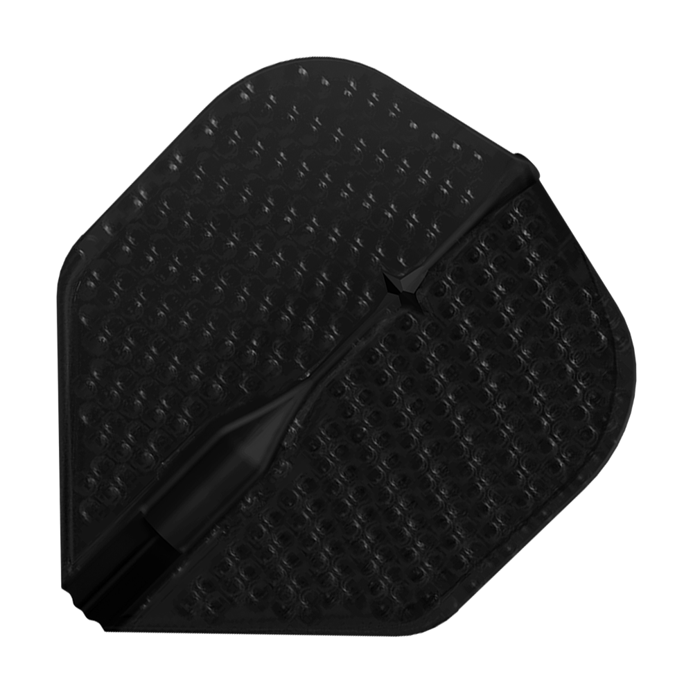 Letky ve stylu L Dimple Champagne L1EZ Standard Dieses Bild zeigt einen schwarzen Dartflight mit einer Dimple-Oberfläche. Das Flight hat eine polygonale Form und eine strukturierte Oberfläche für besseren Halt.